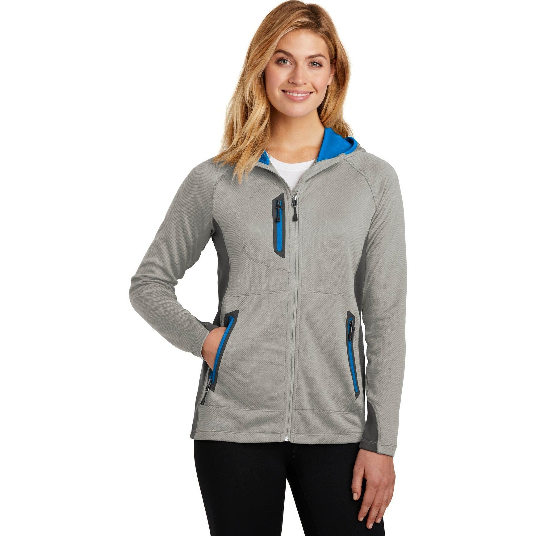 no-logo CLOSEOUT - Eddie Bauer Ladies Sport Hooded Full-Zip Fleece Jacket-Eddie Bauer-Grey Cloud/Grey Steel/Expedition Blue-S-Thread Logic