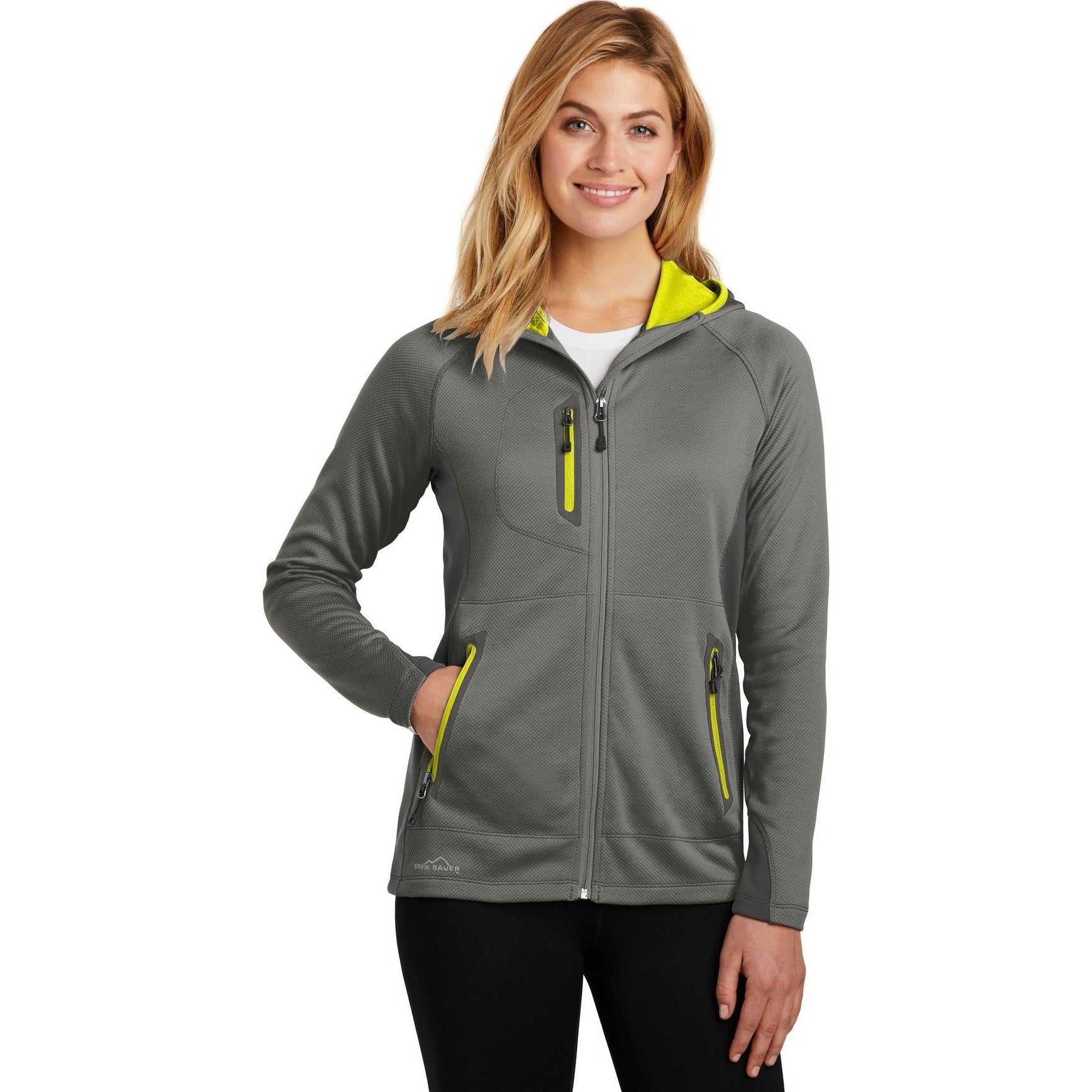 no-logo CLOSEOUT - Eddie Bauer Ladies Sport Hooded Full-Zip Fleece Jacket-Eddie Bauer-Metal Grey/Grey Steel/Citron-L-Thread Logic
