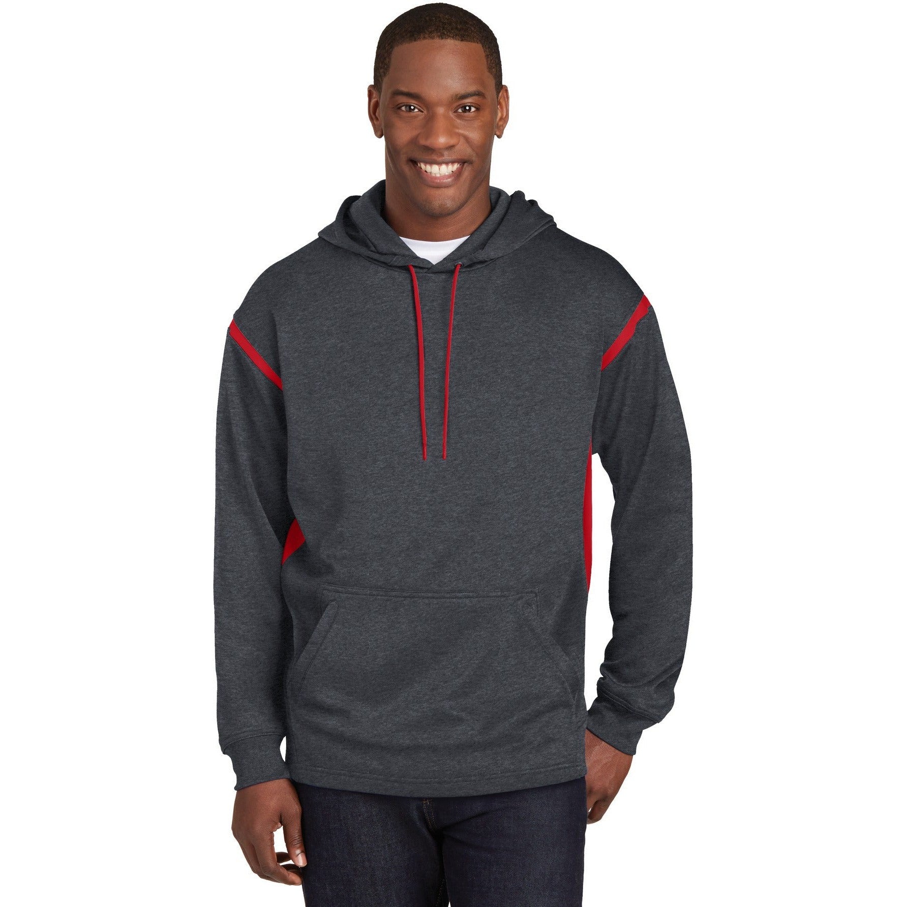 no-logo CLOSEOUT - Sport-Tek Tall Tech Fleece Colorblock Hooded Sweatshirt-Sport-Tek-Graphite Heather/True Red-XLT-Thread Logic