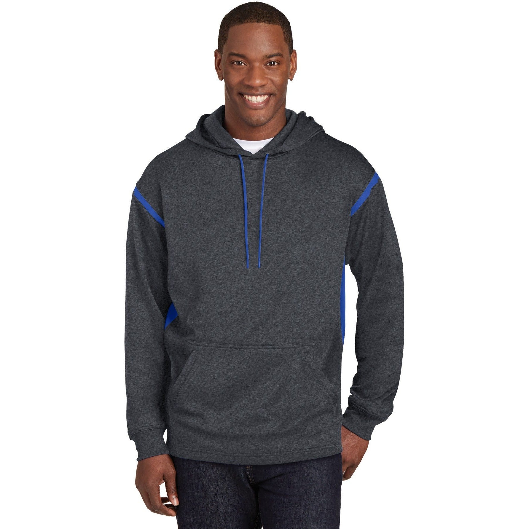 no-logo CLOSEOUT - Sport-Tek Tall Tech Fleece Colorblock Hooded Sweatshirt-Sport-Tek-Graphite Heather/True Royal-2XLT-Thread Logic