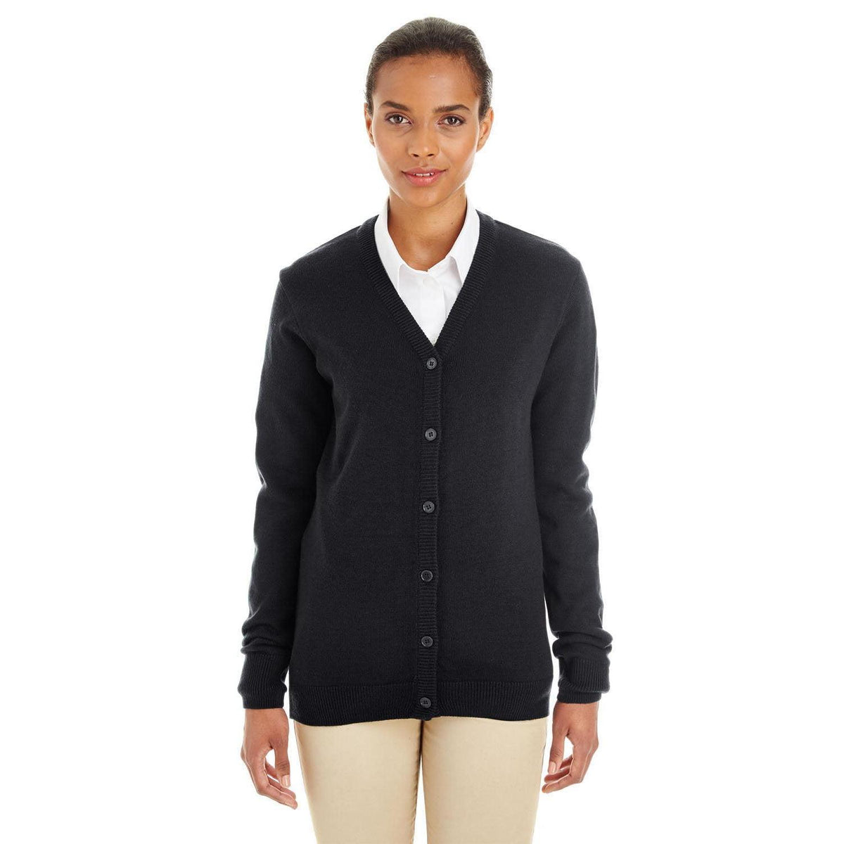 no-logo Harriton Women's Pilbloc V-Neck Button Cardigan Sweater-Sweaters-Harriton-Black-XS-Thread Logic