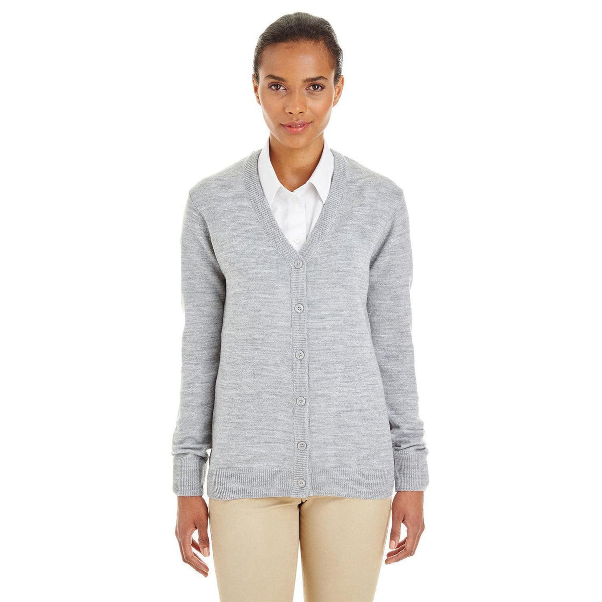 no-logo Harriton Women's Pilbloc V-Neck Button Cardigan Sweater-Sweaters-Harriton-Grey Heather-XS-Thread Logic