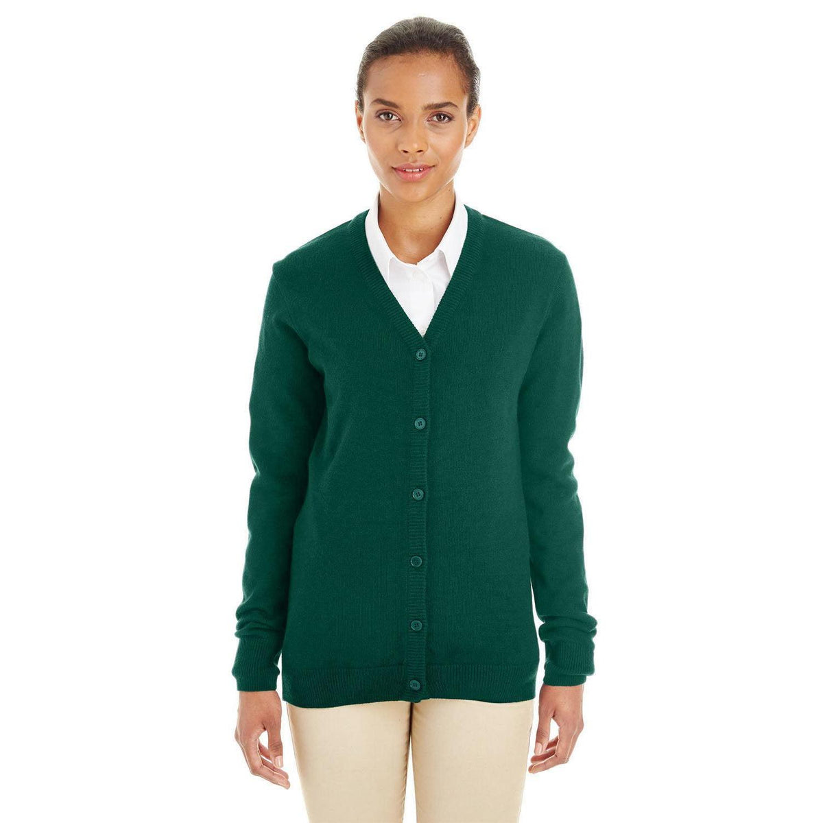 no-logo Harriton Women's Pilbloc V-Neck Button Cardigan Sweater-Sweaters-Harriton-Hunter-XS-Thread Logic
