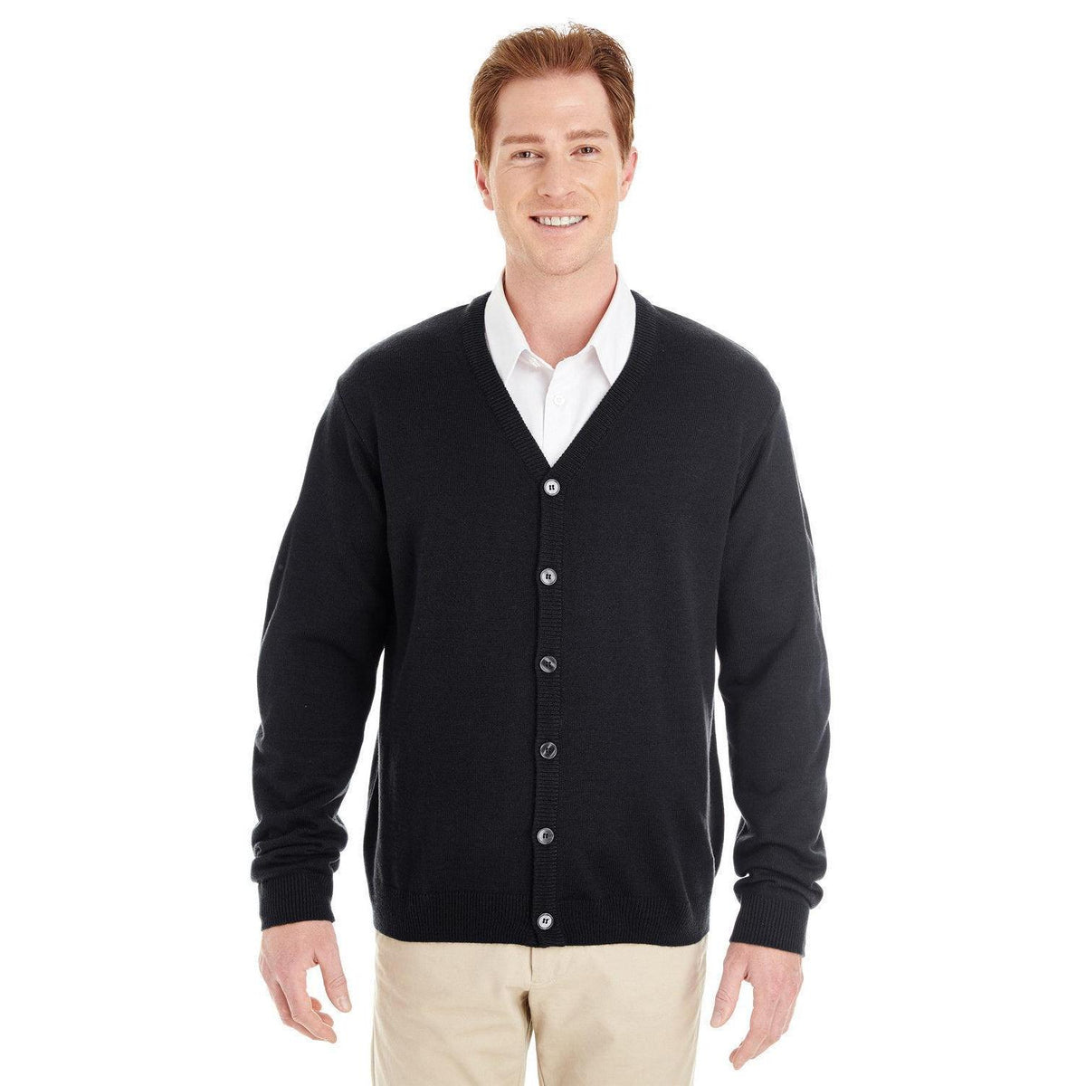 no-logo Harriton Pilbloc V-Neck Button Cardigan Sweater-Men's Layering-Harriton-Black-S-Thread Logic