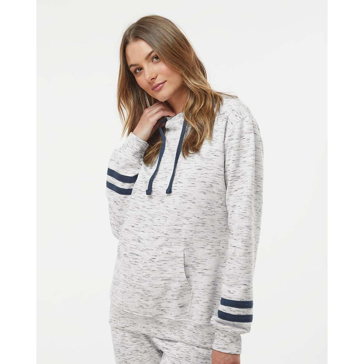 no-logo J America Women's Mélange Fleece Striped-Sleeve Hooded Sweatshirt-Hoodies-J. America-Thread Logic