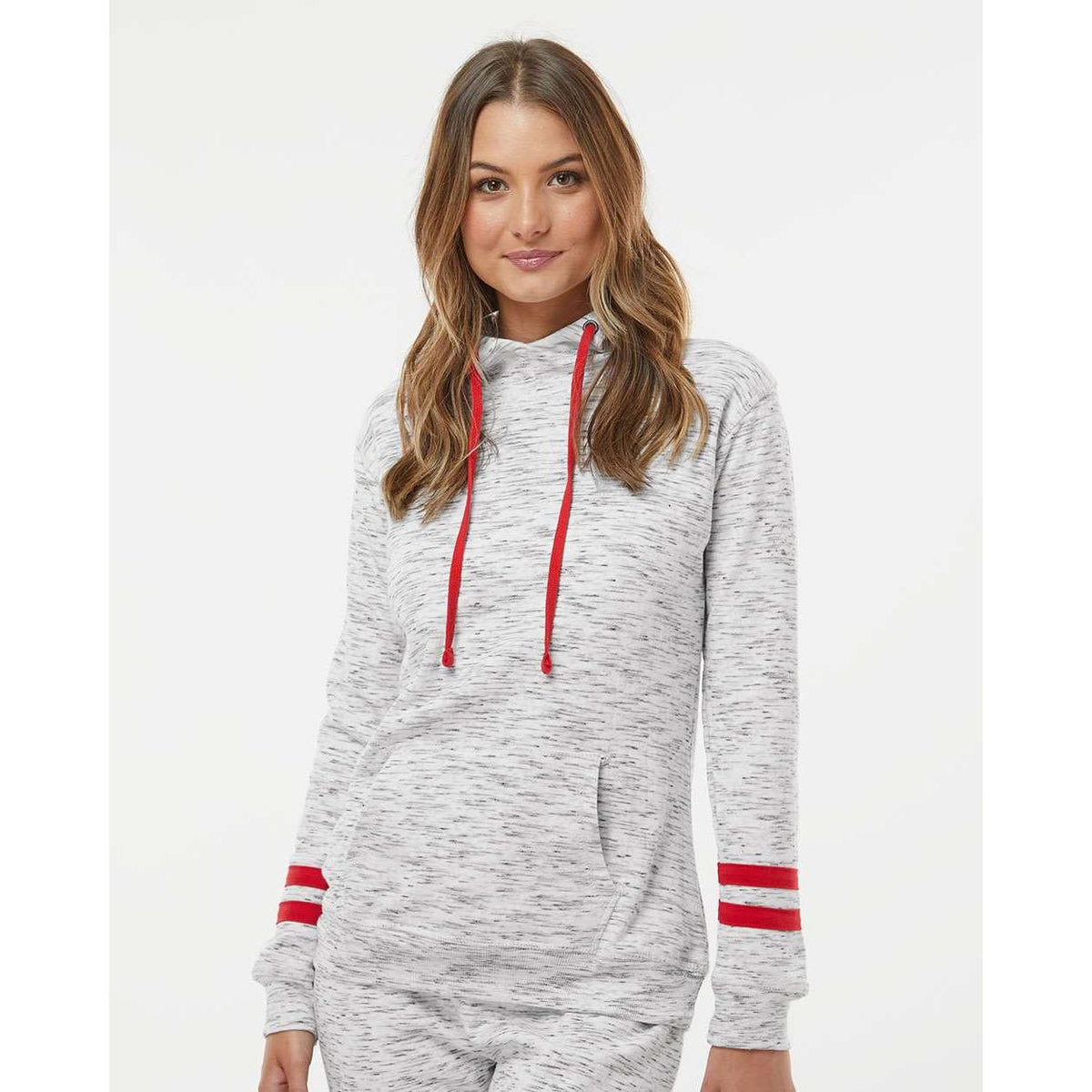 no-logo J America Women's Mélange Fleece Striped-Sleeve Hooded Sweatshirt-Hoodies-J. America-Thread Logic