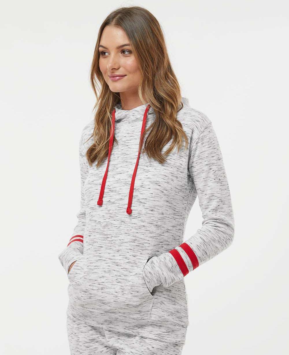 no-logo J America Ladies Mélange Fleece Striped-Sleeve Hooded Sweatshirt-Ladies Layering-J. America-Thread Logic