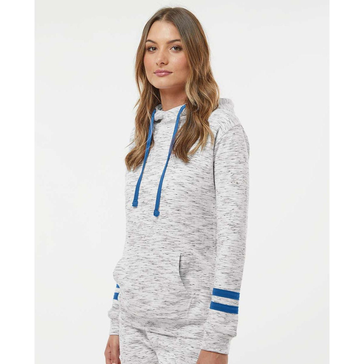 no-logo J America Women's Mélange Fleece Striped-Sleeve Hooded Sweatshirt-Hoodies-J. America-Thread Logic