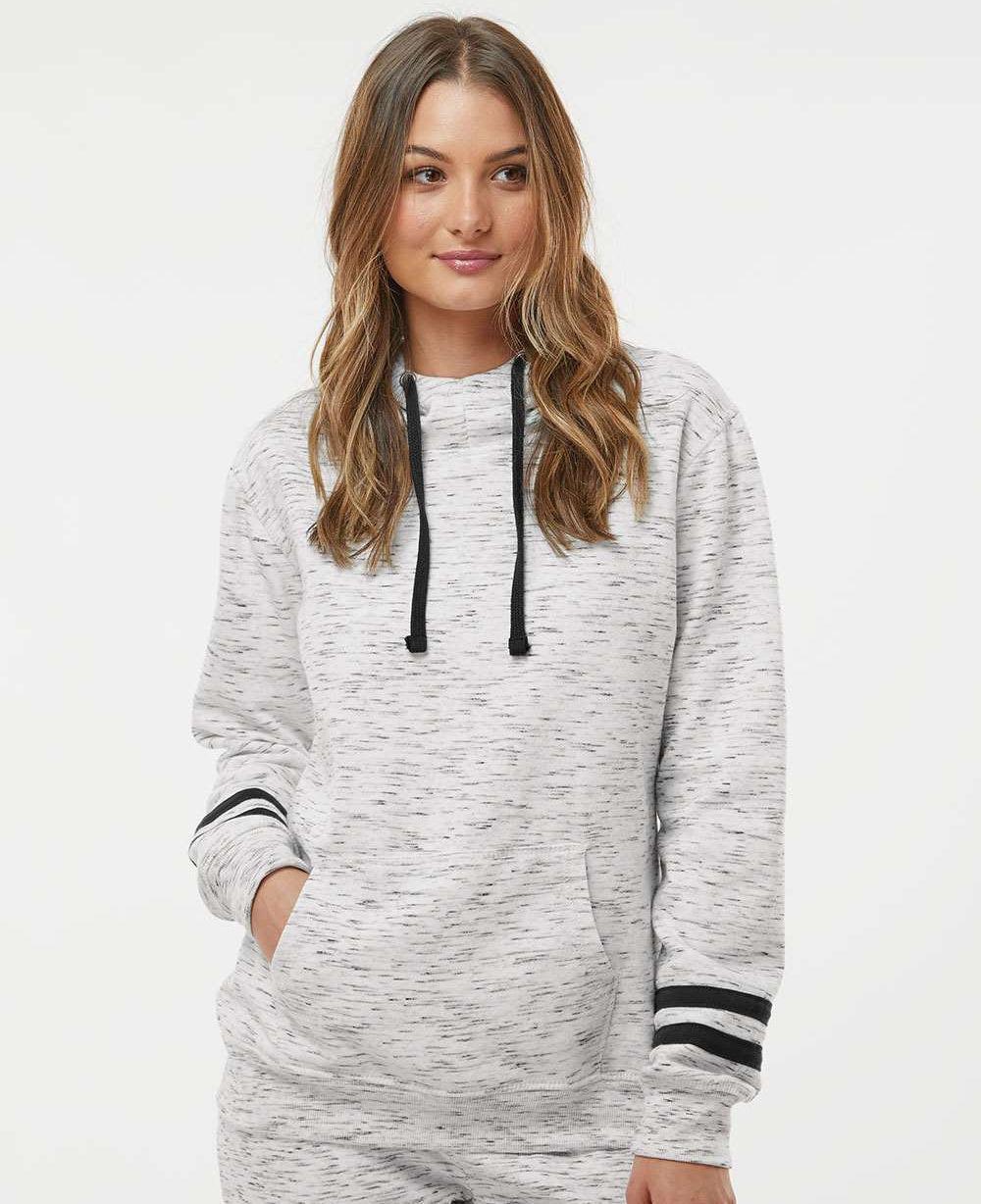 no-logo J America Ladies Mélange Fleece Striped-Sleeve Hooded Sweatshirt-Ladies Layering-J. America-Thread Logic