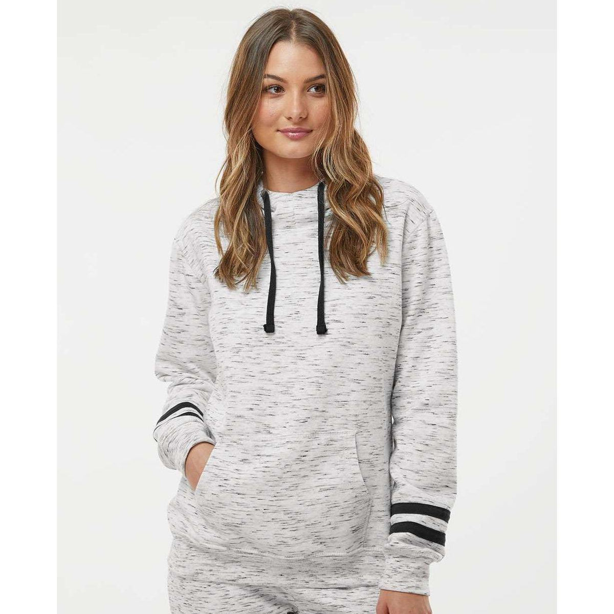 no-logo J America Women's Mélange Fleece Striped-Sleeve Hooded Sweatshirt-Hoodies-J. America-Thread Logic