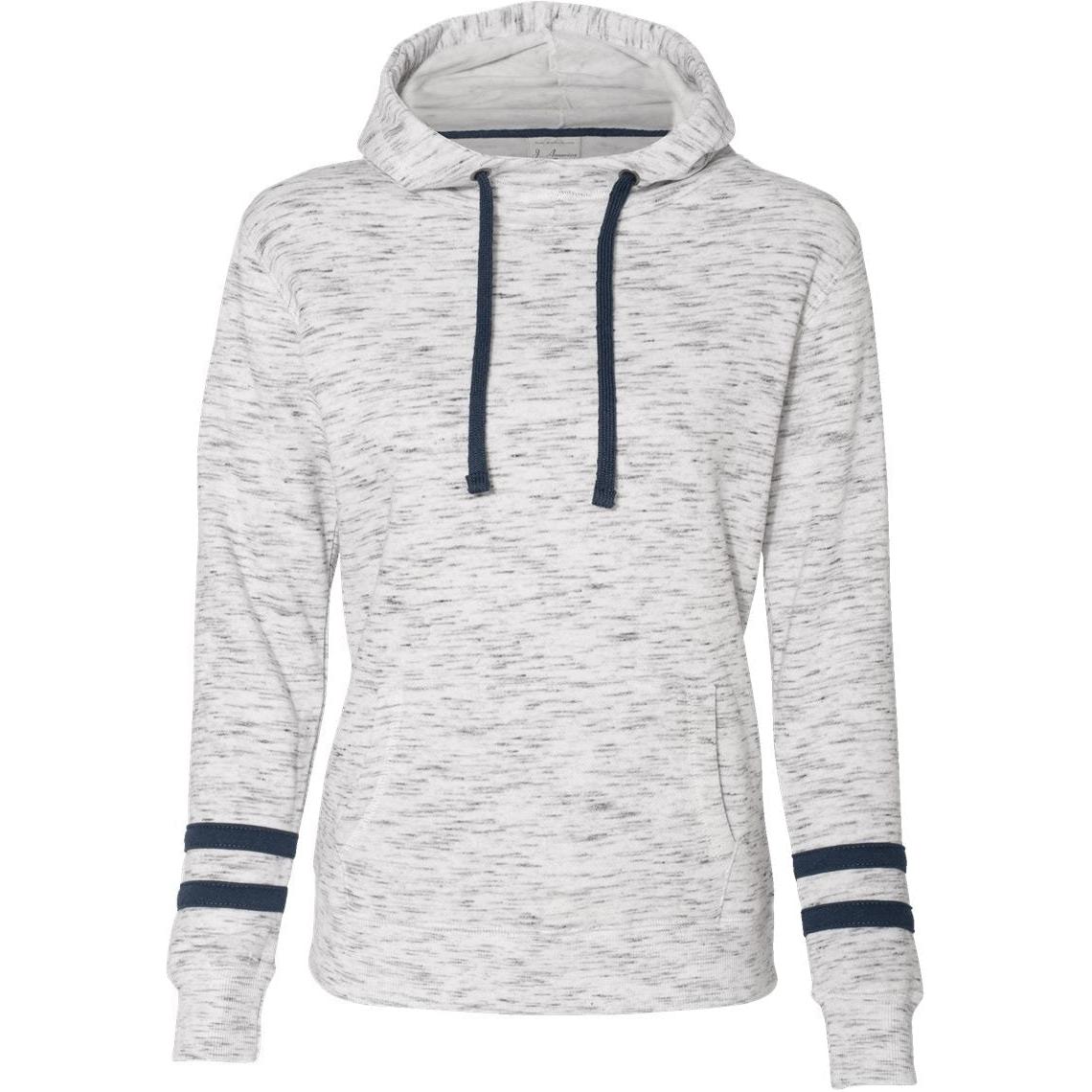 no-logo J America Women's Mélange Fleece Striped-Sleeve Hooded Sweatshirt-Hoodies-J. America-White/Navy-S-Thread Logic