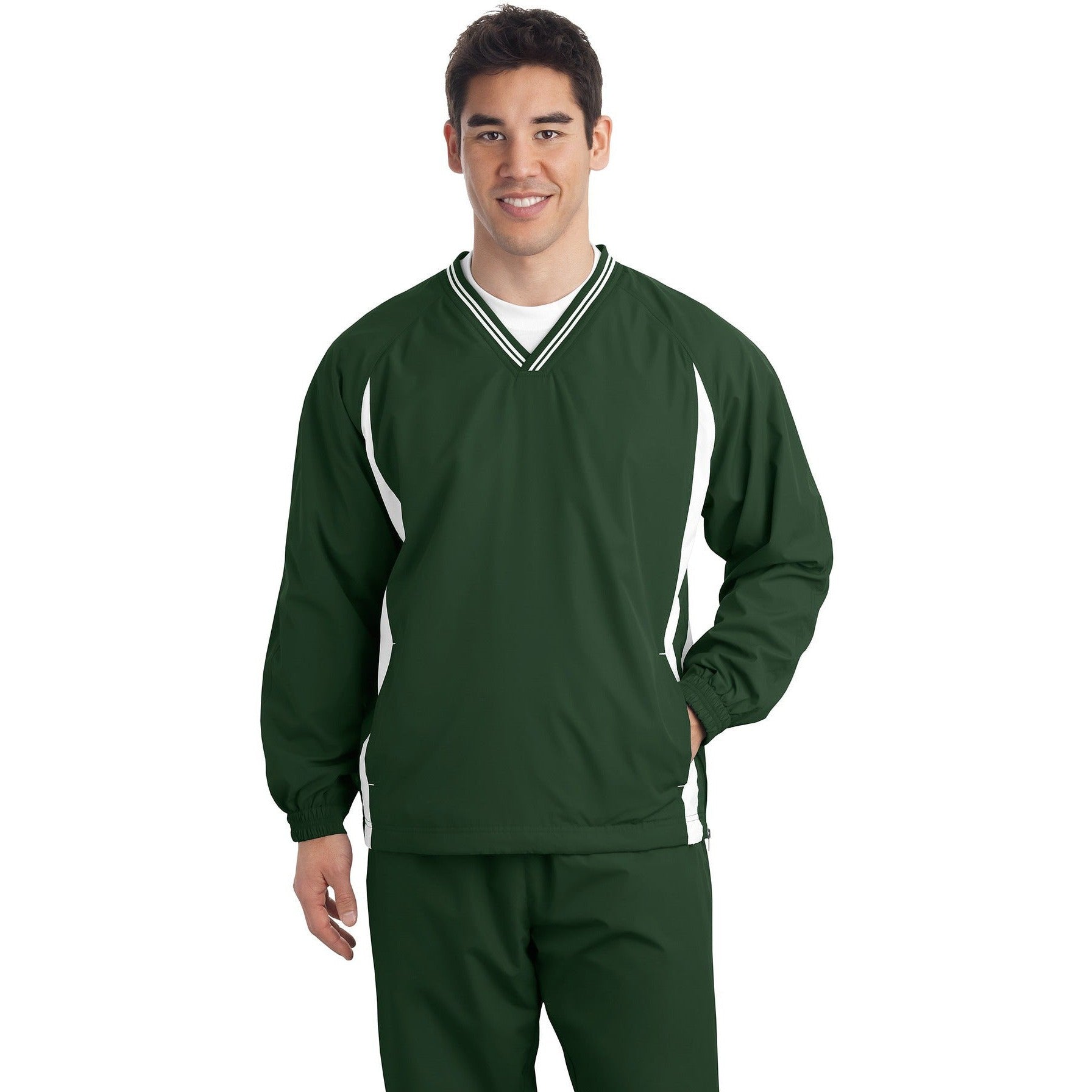 no-logo CLOSEOUT - Sport-Tek Tall Tipped V-Neck Raglan Wind Shirt-Sport-Tek-Forest Green/White-LT-Thread Logic