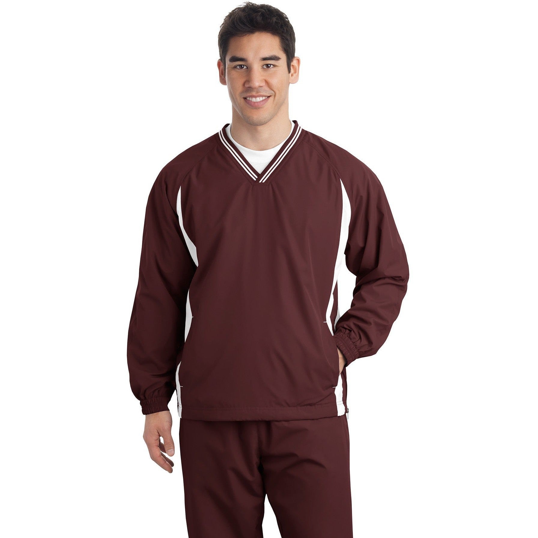 no-logo CLOSEOUT - Sport-Tek Tall Tipped V-Neck Raglan Wind Shirt-Sport-Tek-Maroon/White-LT-Thread Logic