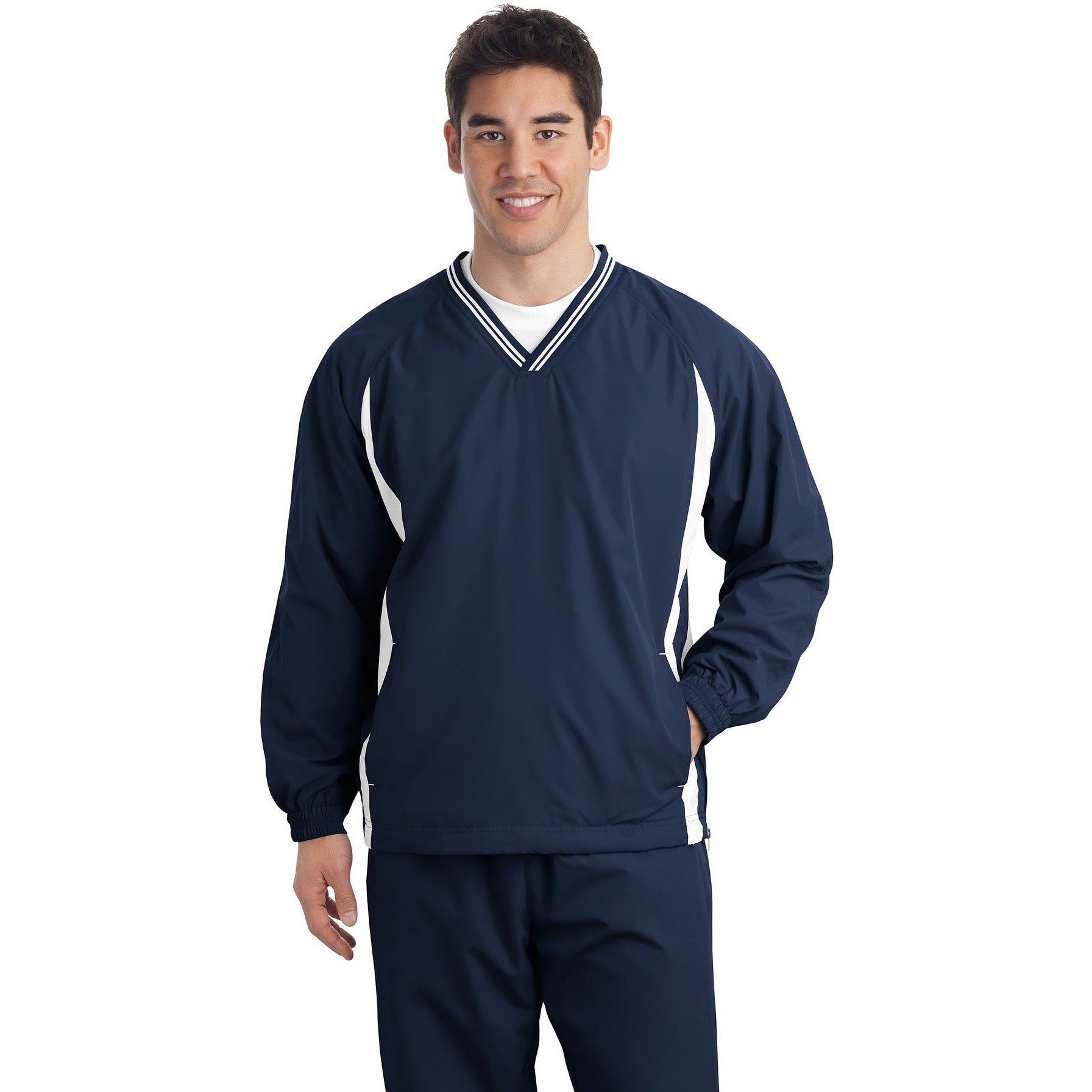 no-logo CLOSEOUT - Sport-Tek Tall Tipped V-Neck Raglan Wind Shirt-Sport-Tek-True Navy/White-LT-Thread Logic
