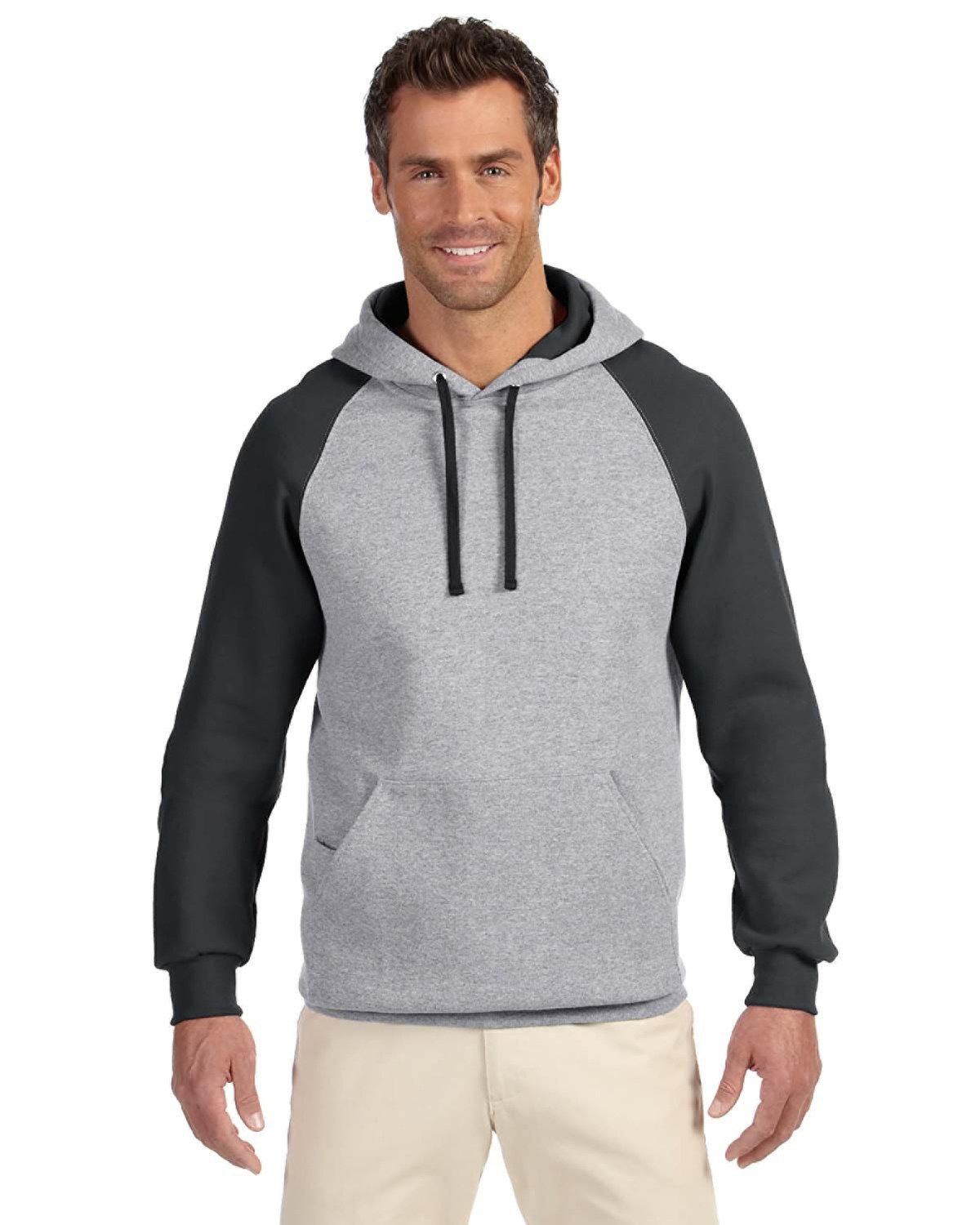 Jerzees NuBlend Colorblock Raglan Pullover Hood-Men's Layering-Jerzees-Oxford/Black-S-Thread Logic
