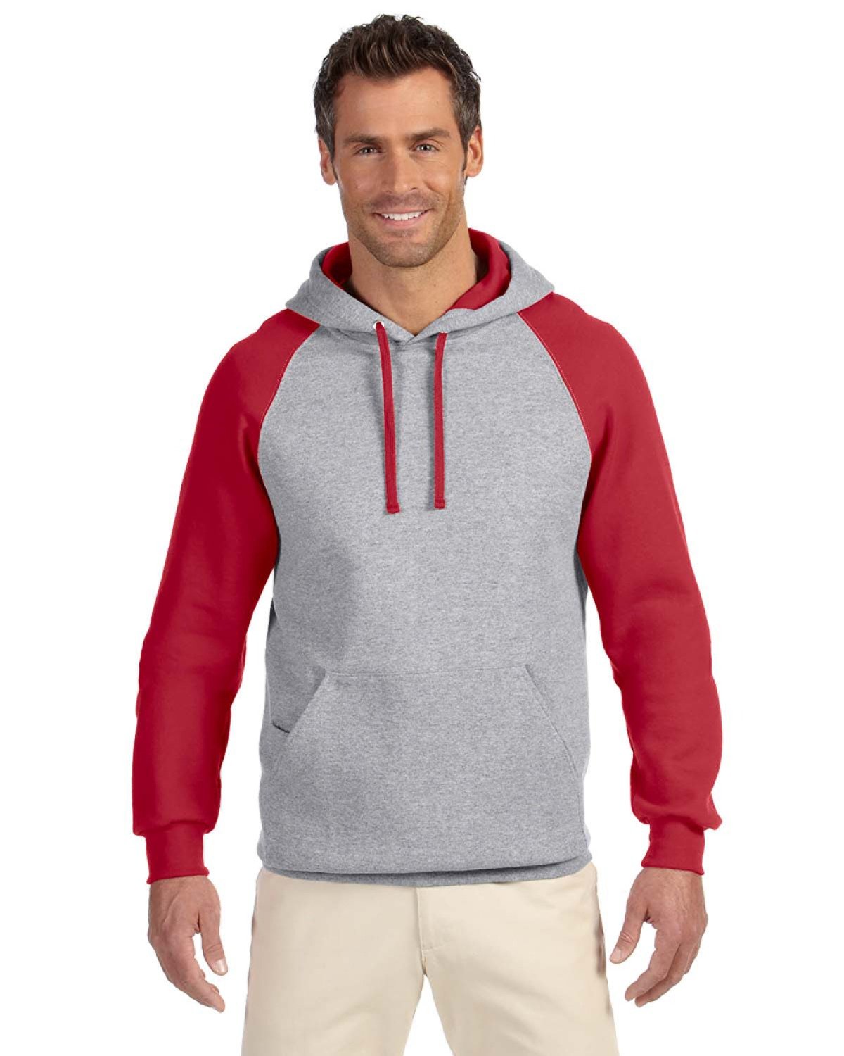 Jerzees NuBlend Colorblock Raglan Pullover Hood-Men's Layering-Jerzees-Oxford/True Red-S-Thread Logic