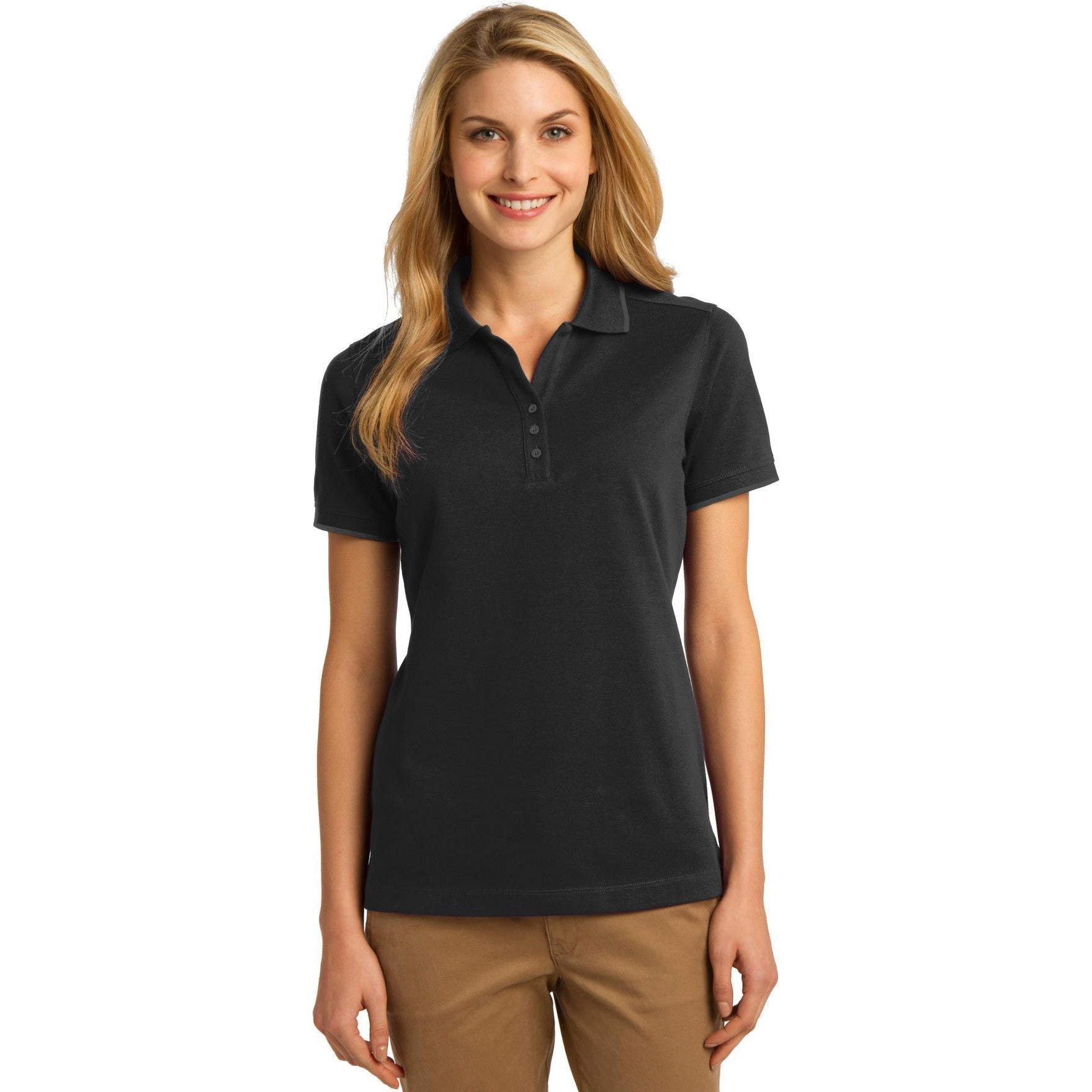 no-logo CLOSEOUT - Port Authority Ladies Rapid Dry Tipped Polo-Port Authority-Jet Black/Charcoal-L-Thread Logic