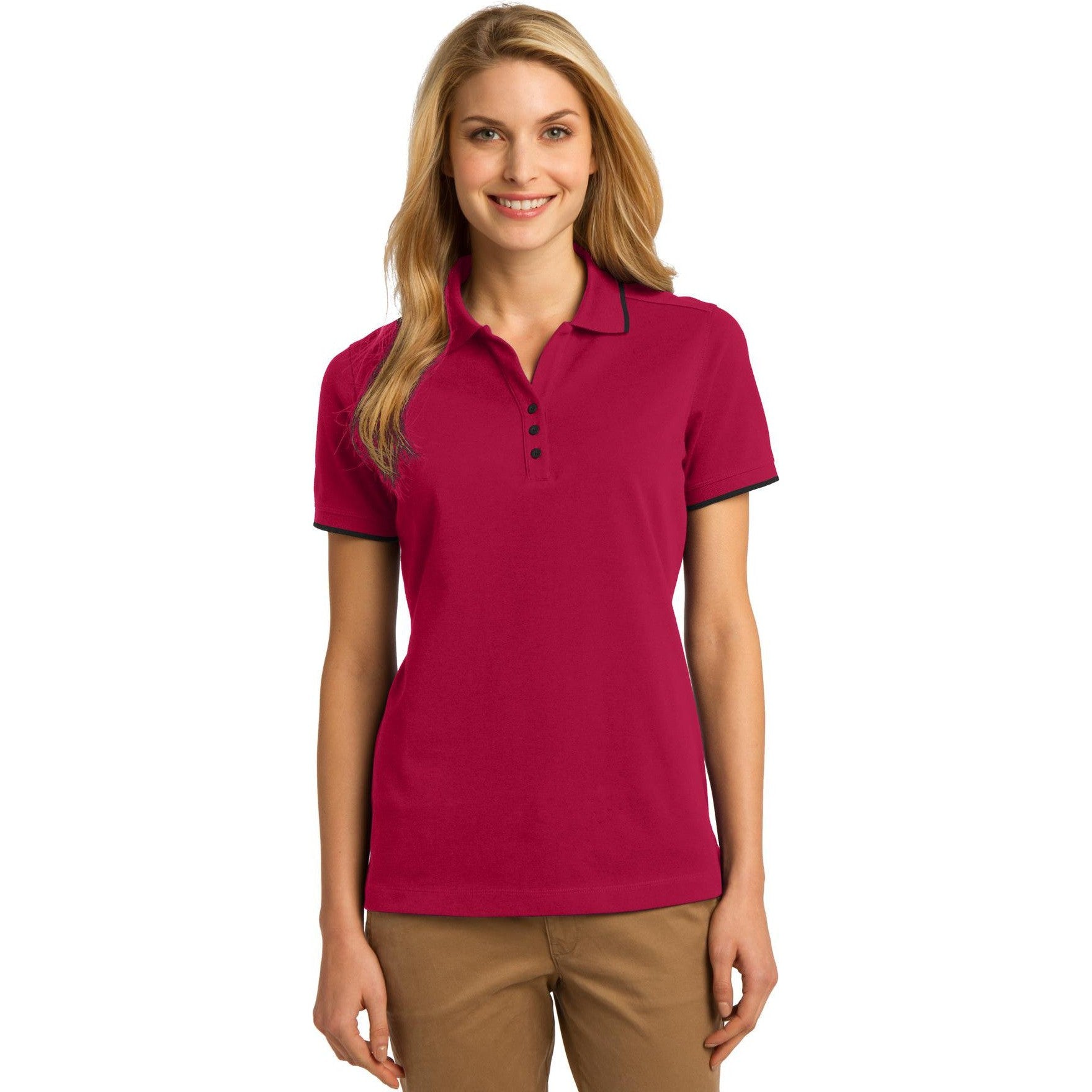 no-logo CLOSEOUT - Port Authority Ladies Rapid Dry Tipped Polo-Port Authority-Red/Jet Black-XS-Thread Logic