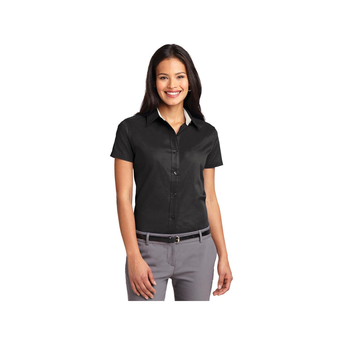 no-logo Port Authority Ladies Short Sleeve Easy Care Shirt-Port Authority-Black/Light Stone-XS-Thread Logic