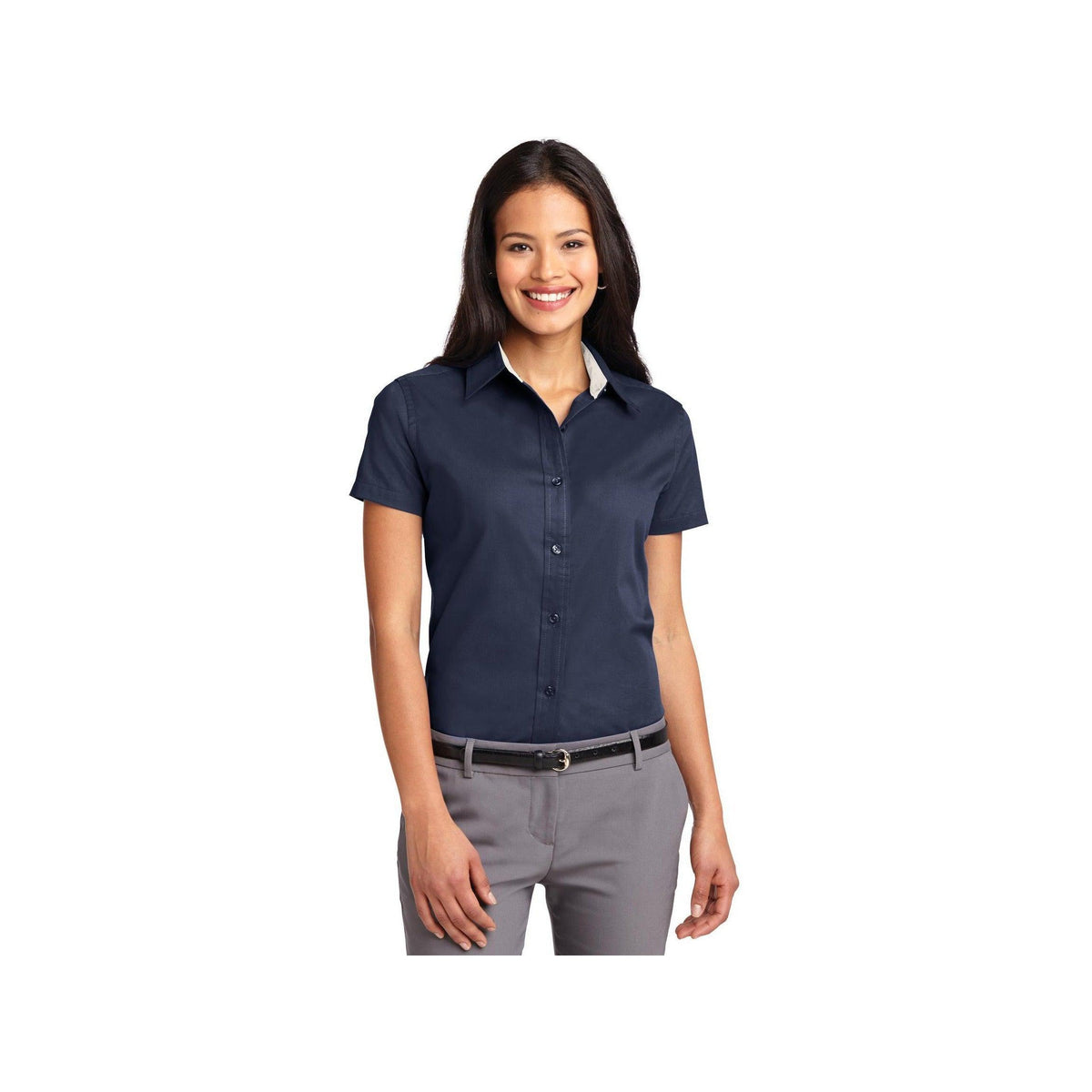 no-logo Port Authority Ladies Short Sleeve Easy Care Shirt-Port Authority-Navy/Light Stone-XS-Thread Logic