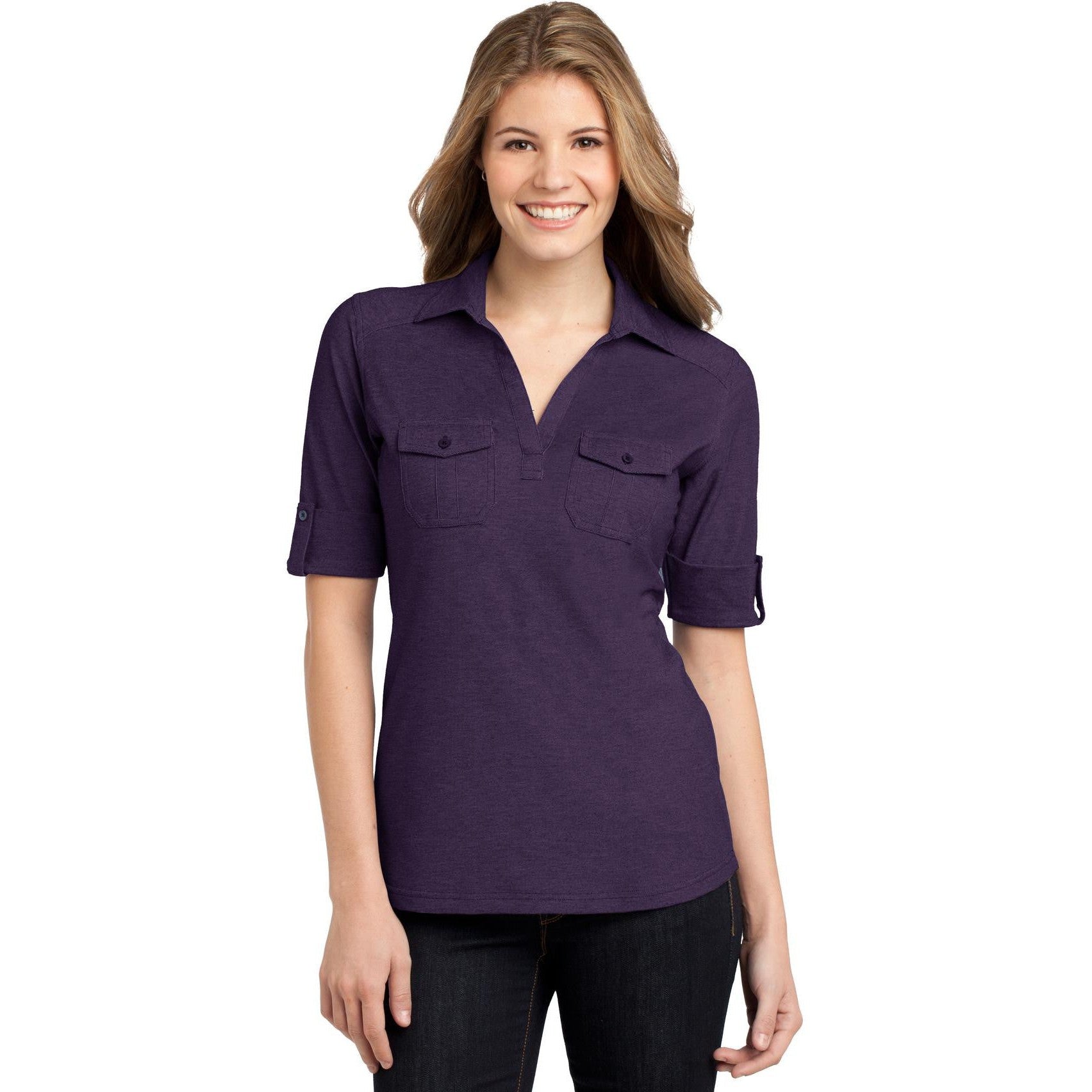 no-logo CLOSEOUT - Port Authority Ladies Oxford Pique Double Pocket Polo-Port Authority-Purple/Dress Blue Navy-XS-Thread Logic