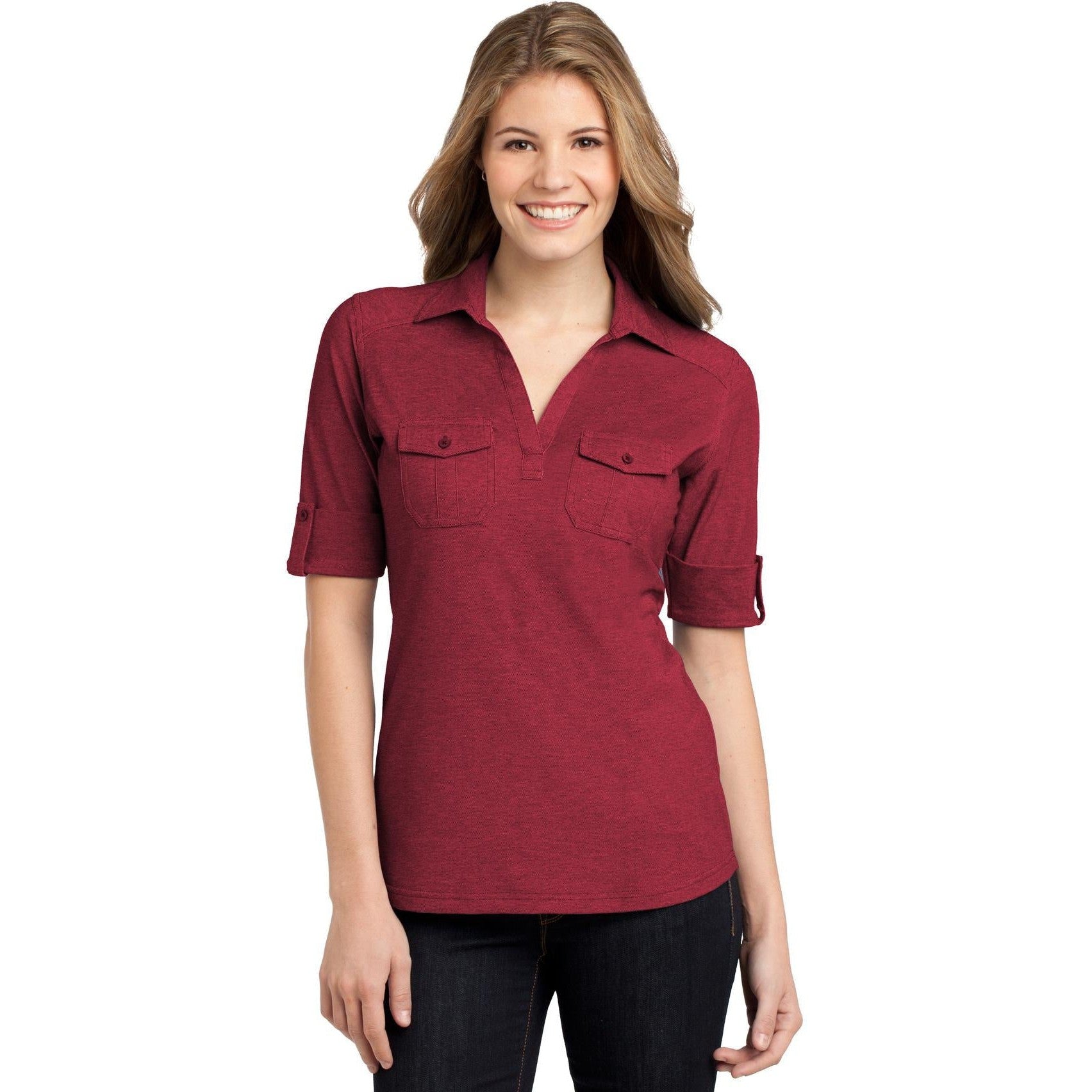 no-logo CLOSEOUT - Port Authority Ladies Oxford Pique Double Pocket Polo-Port Authority-Red/Mulberry-XS-Thread Logic