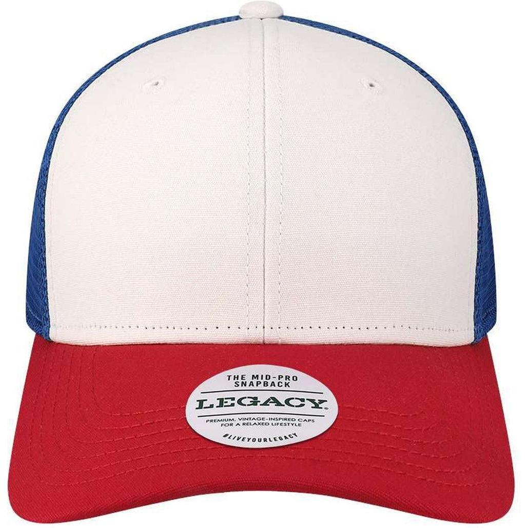 no-logo LEGACY Mid-Pro Snapback Trucker Cap-Apparel-LEGACY-White/ Red/ Royal-Adjustable-Thread Logic