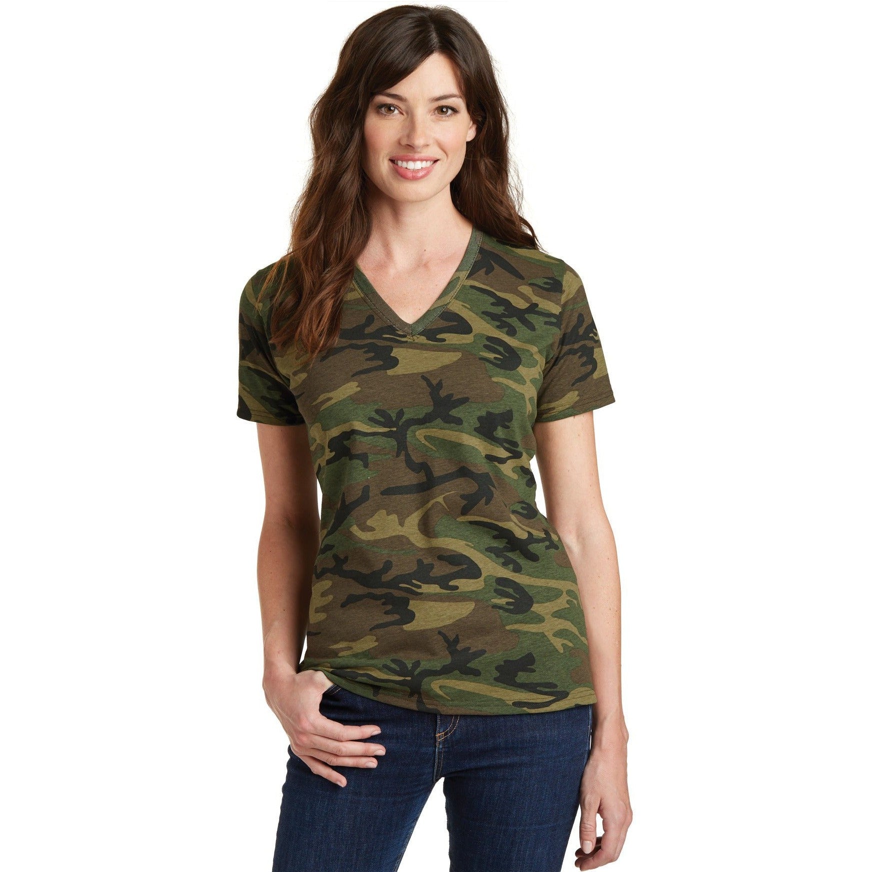 no-logo CLOSEOUT - Port & Company Ladies Core Cotton Camo V-Neck Tee-Port & Company-Military Camo-XS-Thread Logic