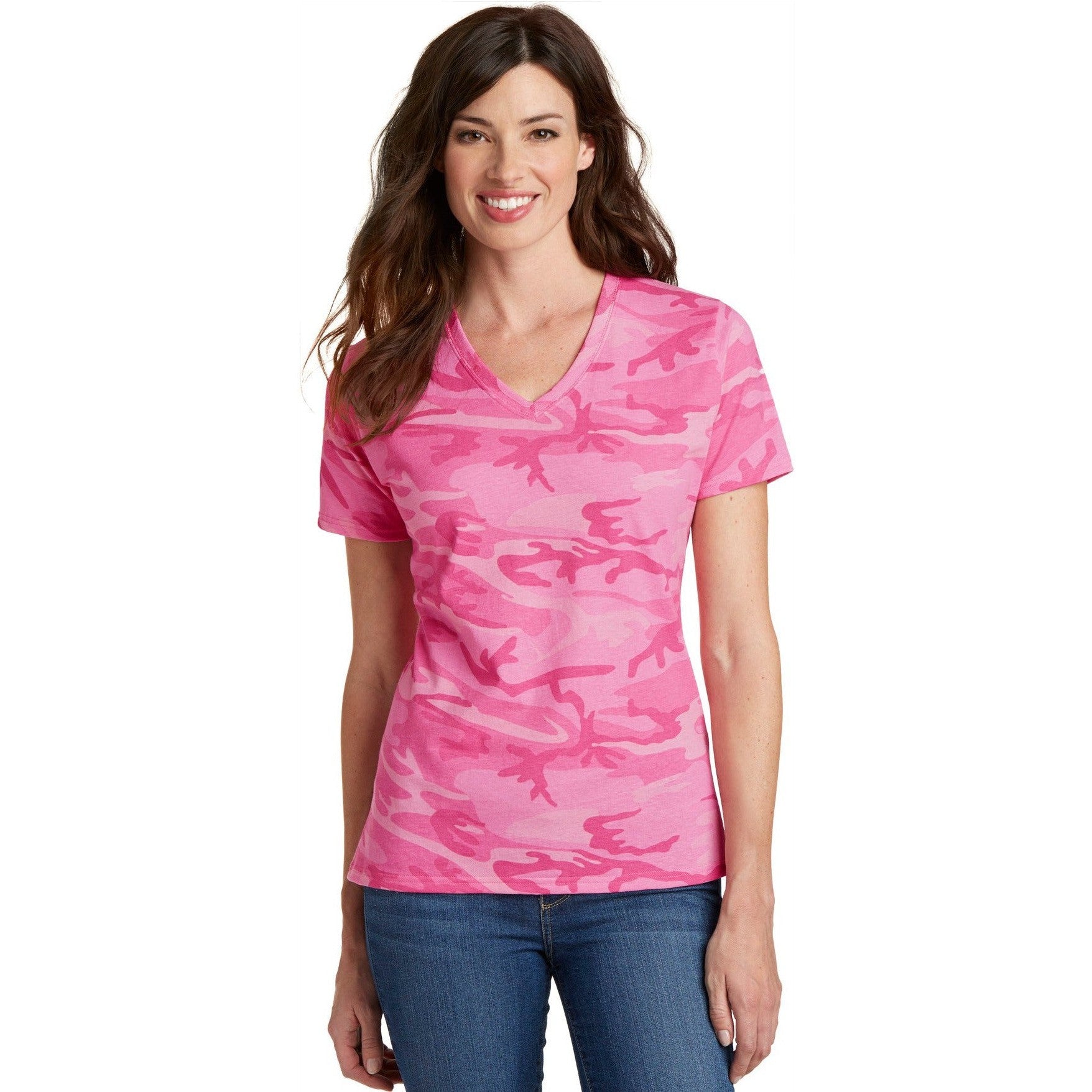 no-logo CLOSEOUT - Port & Company Ladies Core Cotton Camo V-Neck Tee-Port & Company-Pink Camo-XS-Thread Logic