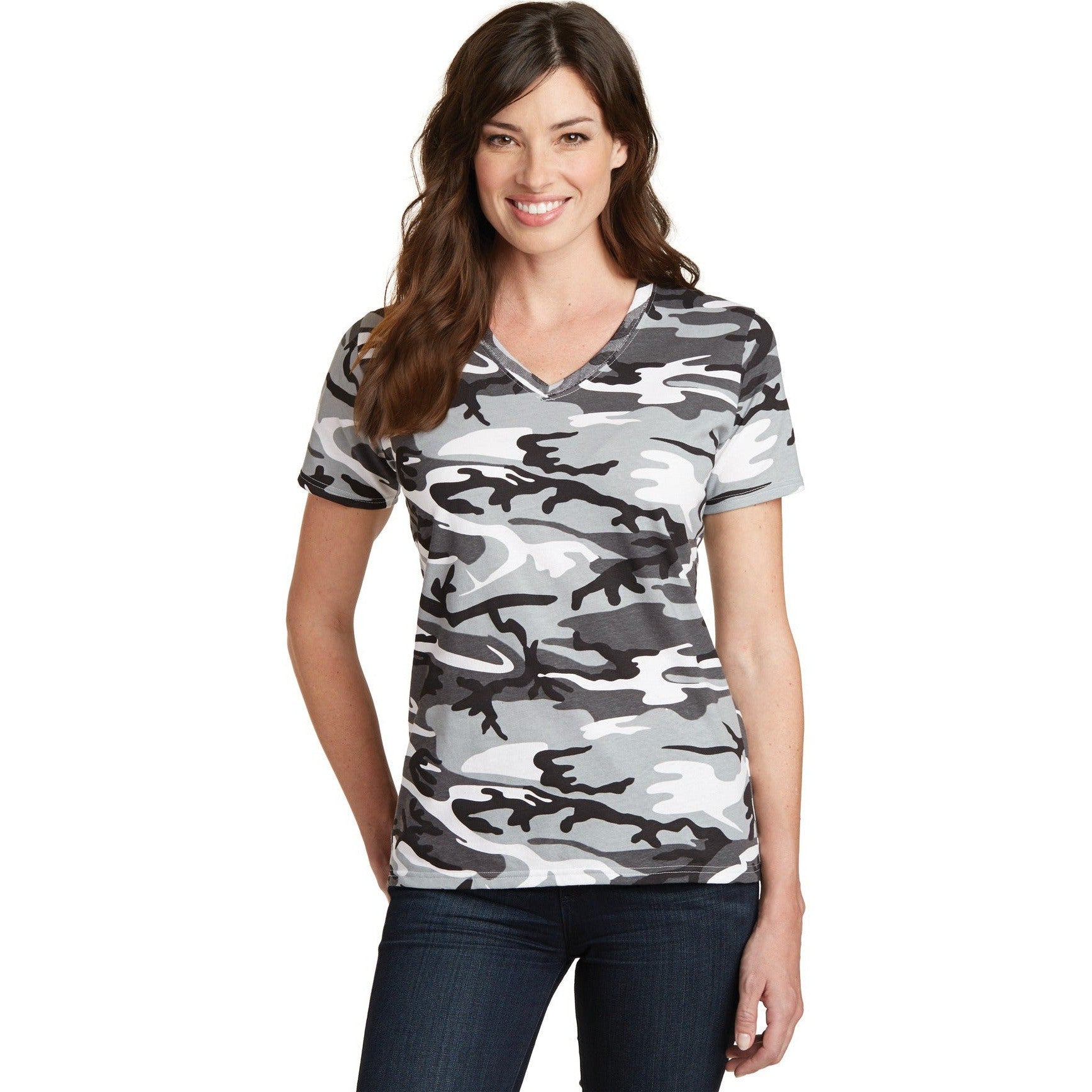 no-logo CLOSEOUT - Port & Company Ladies Core Cotton Camo V-Neck Tee-Port & Company-Winter Camo-XS-Thread Logic