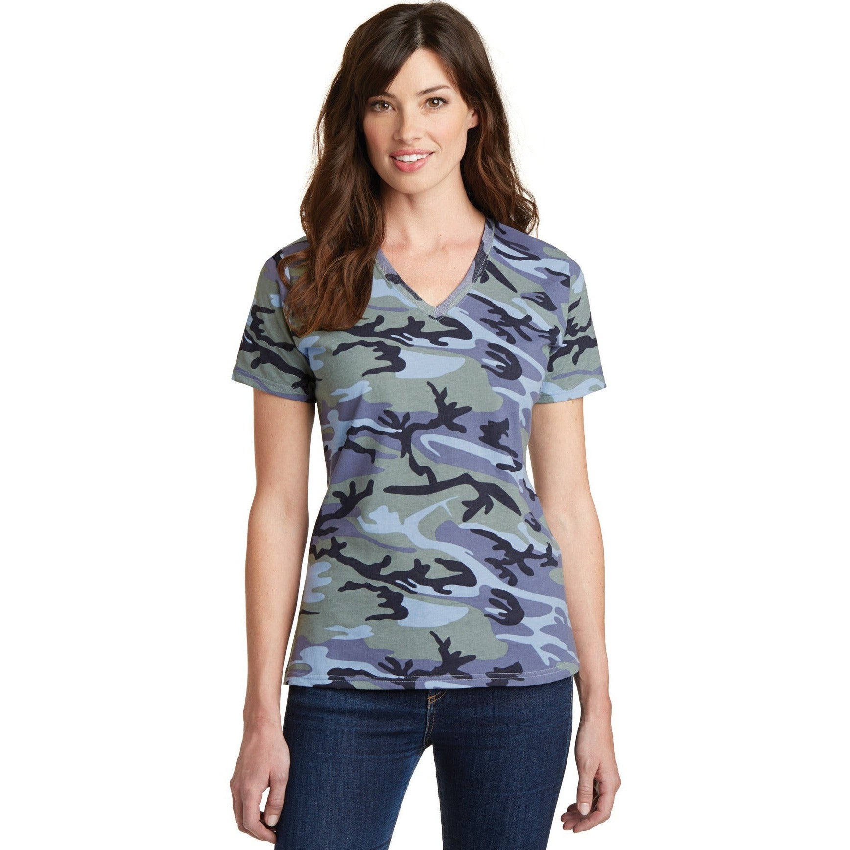 no-logo CLOSEOUT - Port & Company Ladies Core Cotton Camo V-Neck Tee-Port & Company-Woodland Blue Camo-XS-Thread Logic