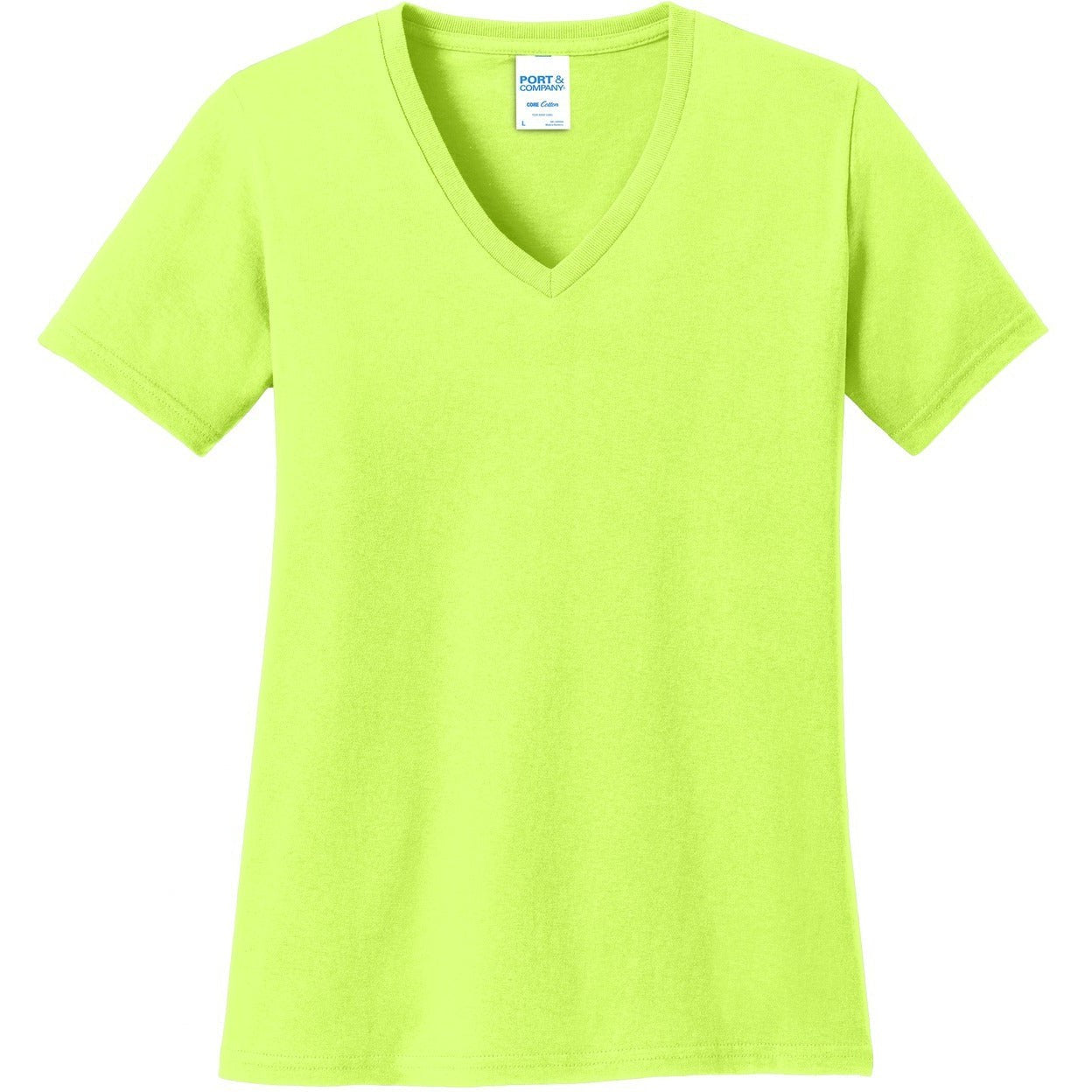 no-logo CLOSEOUT - Port & Company Ladies Core Cotton V-Neck Tee-Port & Company-Neon Yellow-XS-Thread Logic