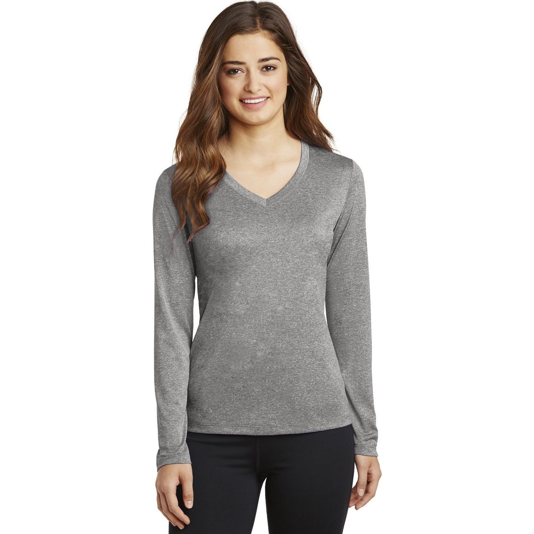 no-logo CLOSEOUT - Sport-Tek Ladies Long Sleeve Heather Contender V-Neck Tee-Sport-Tek-Vintage Heather-4XL-Thread Logic