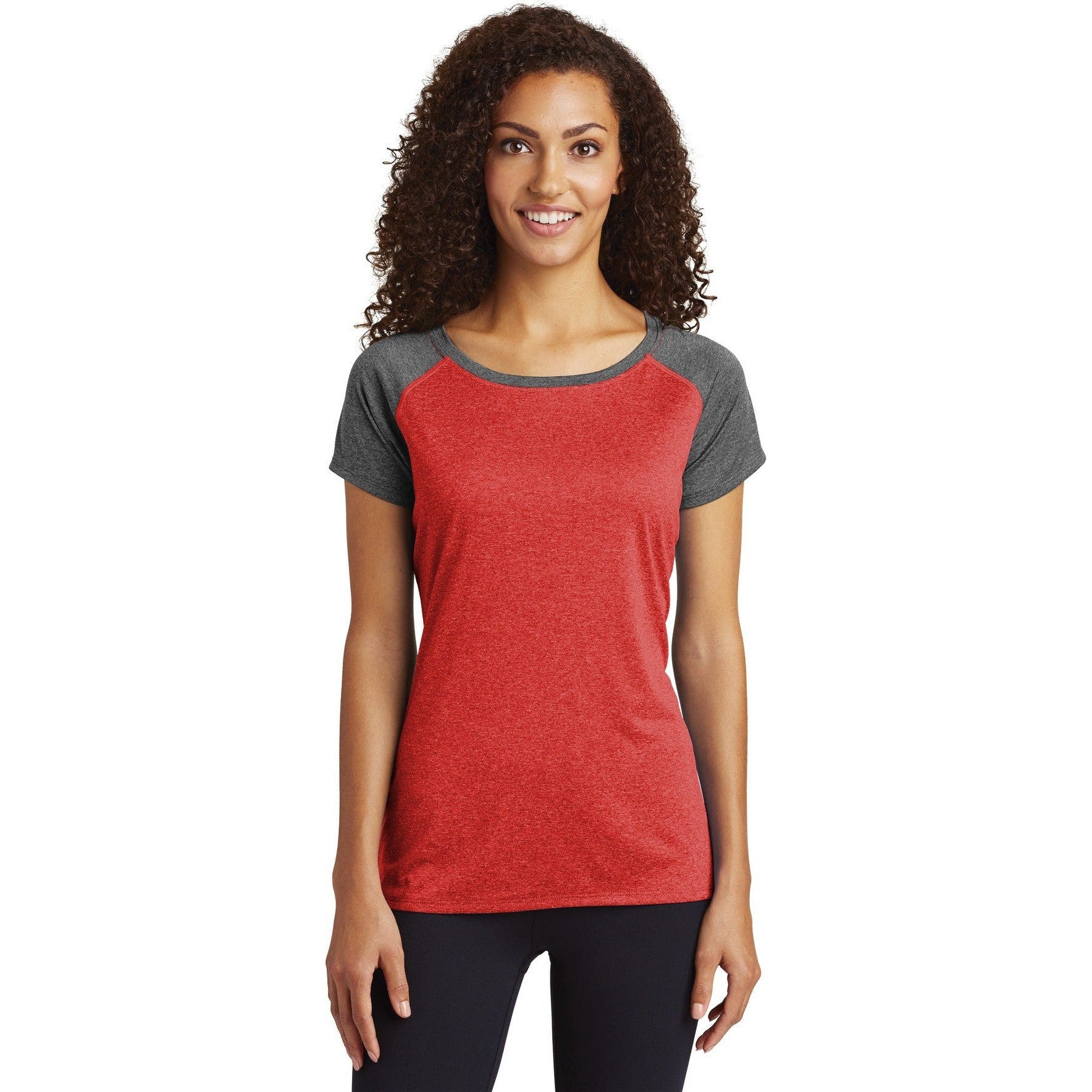 no-logo CLOSEOUT - Sport-Tek Ladies Heather-On-Heather Contender Scoop Neck Tee-Sport-Tek-Scarlet Heather/Graphite Heather-L-Thread Logic