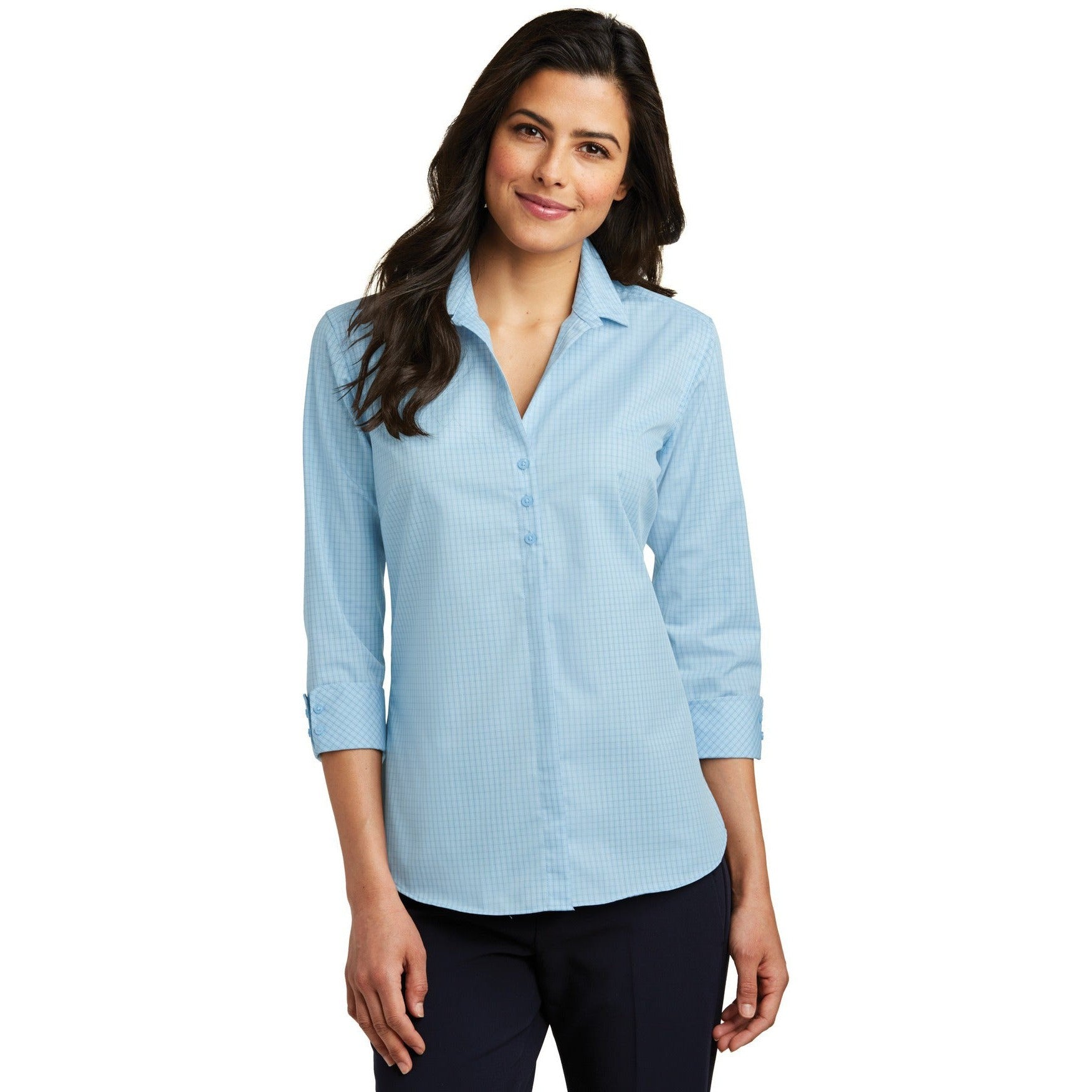 no-logo CLOSEOUT - Port Authority Ladies 3/4-Sleeve Micro Tattersall Easy Care Shirt-Port Authority-Heritage Blue/Royal-L-Thread Logic