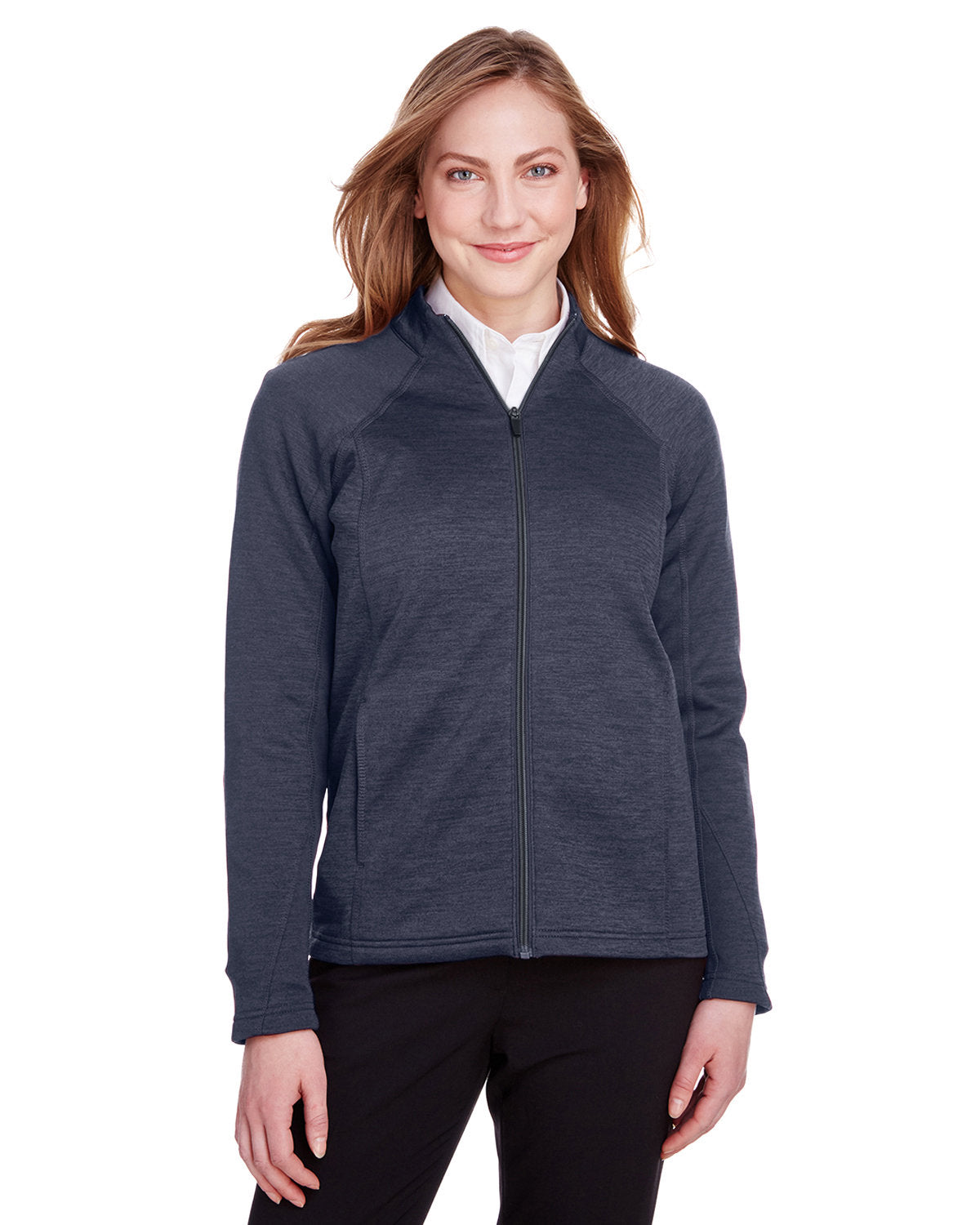 North End Ladies Flux 2.0 Full-Zip Jacket-Ladies Jackets-North End-Classic Navy/Heather-XS-Thread Logic