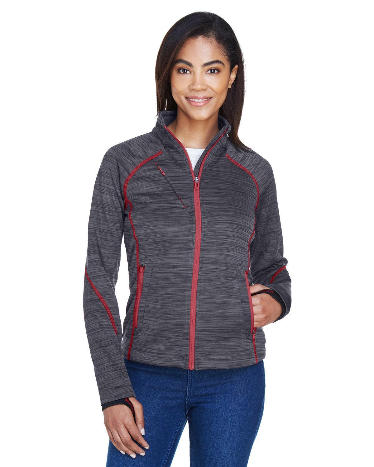 North End Ladies Flux Mélange Bonded Fleece Jacket-Ladies Jackets-North End-Carbon/Olympic Red-S-Thread Logic