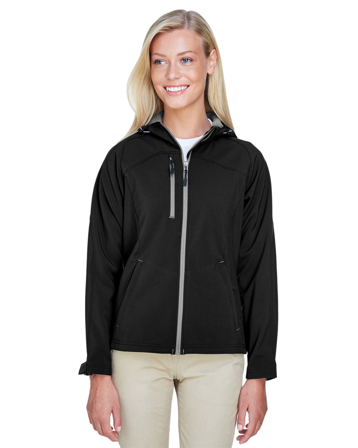 North End Ladies Prospect Two-Layer Fleece Bonded Soft Shell Hooded Jacket-Ladies Jackets-North End-Black-S-Thread Logic