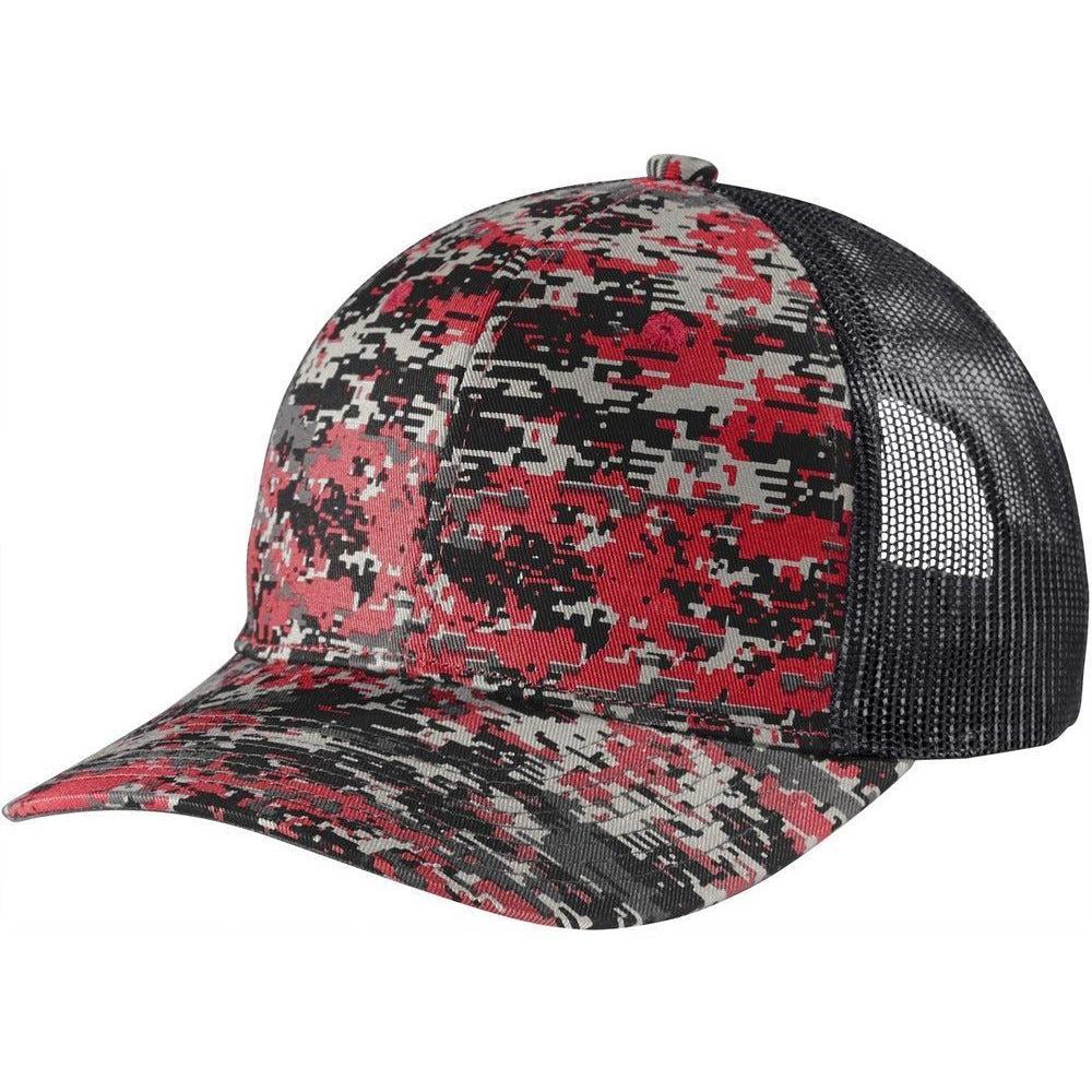 no-logo Port Authority Digi Camo Snapback Trucker Cap-Headwear-Port Authority-Flame Red Digi/Grey Steel-OSFA-Thread Logic