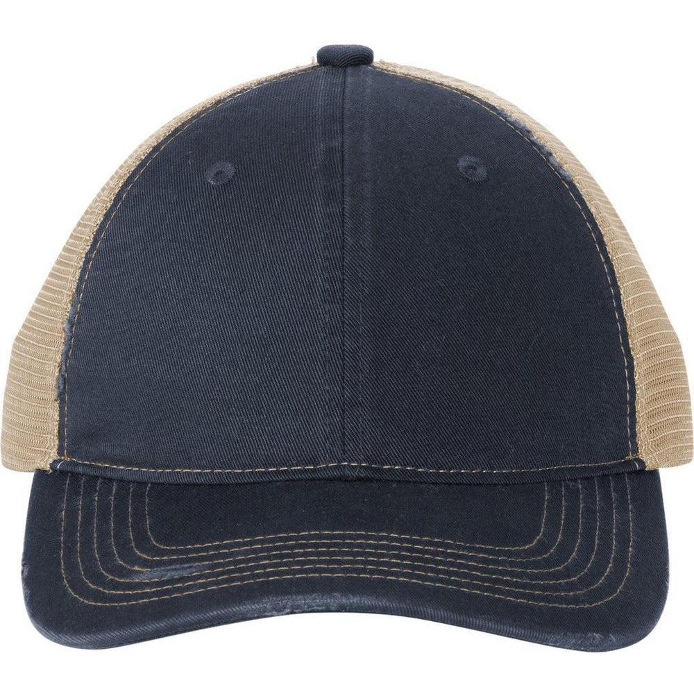 no-logo Port Authority Distressed Mesh Back Cap-New-Port Authority-River Blue Navy/Khaki-OSFA-Thread Logic
