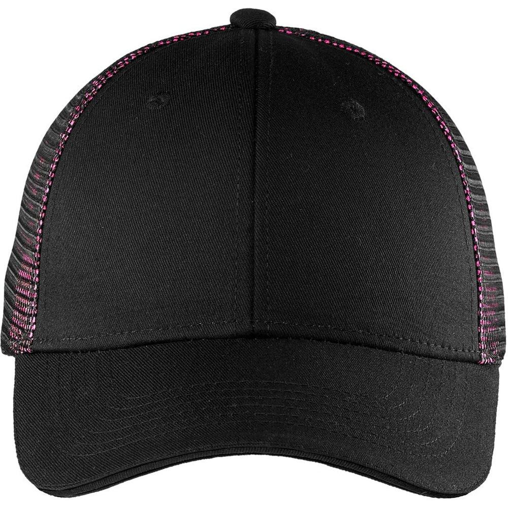 no-logo Port Authority Double Mesh Snapback Sandwich Cap-Headwear-Port Authority-Black/Shock Pink-OSFA-Thread Logic
