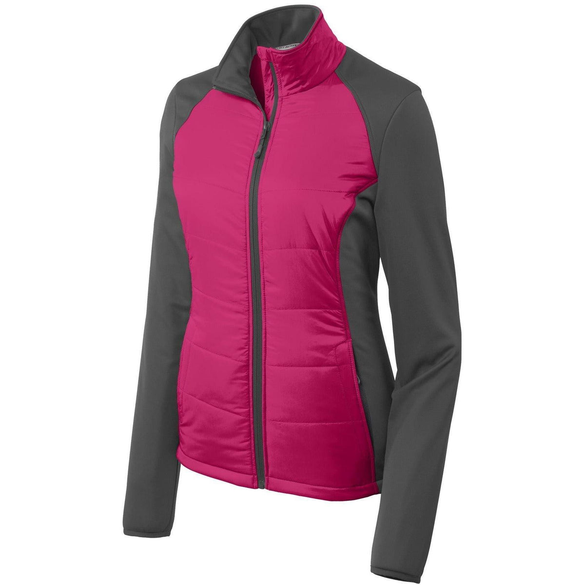 logo-left Port Authority Women's Hybrid Soft Shell Jacket-Regular-Port Authority-Pink Azalea/Grey Steel-XS-Thread Logic