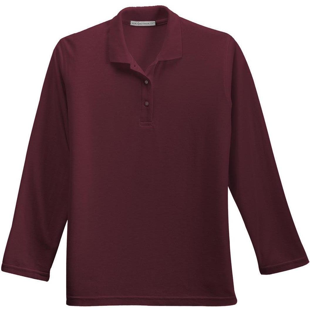 logo-left Port Authority Women's Long Sleeve Silk Touch Polo Shirt-Polos-Port Authority-Burgundy-XS-Thread Logic