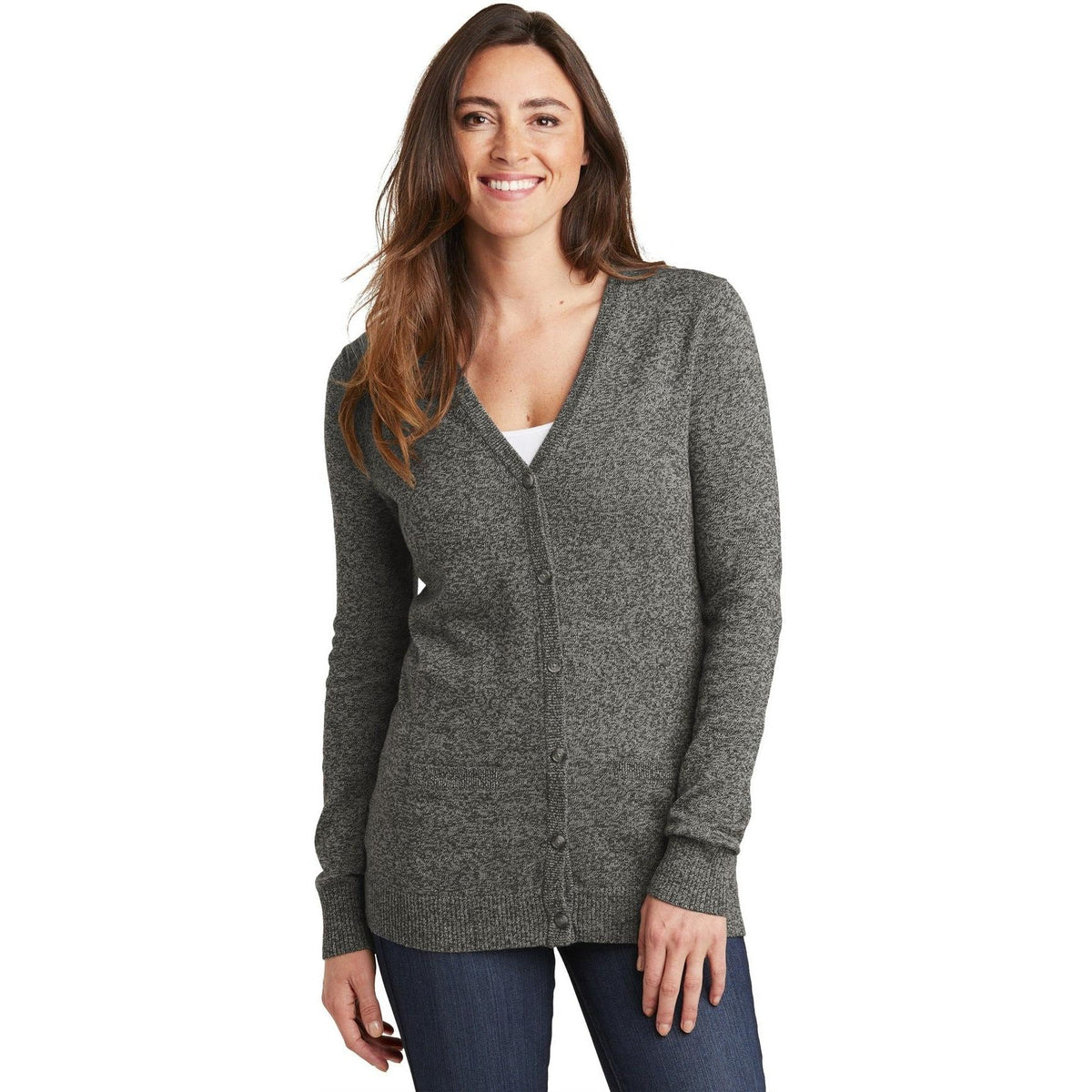 no-logo Port Authority Women's Marled Cardigan Sweater-Sweaters-Port Authority-Thread Logic