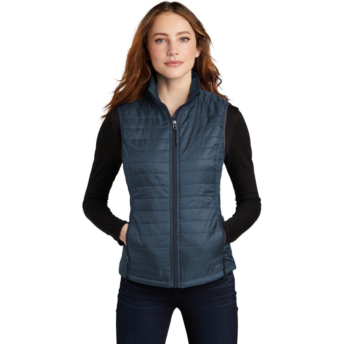 logo-left Port Authority Women's Packable Puffy Vest-Regular-Port Authority-Regatta Blue/River Blue Navy-S-Thread Logic