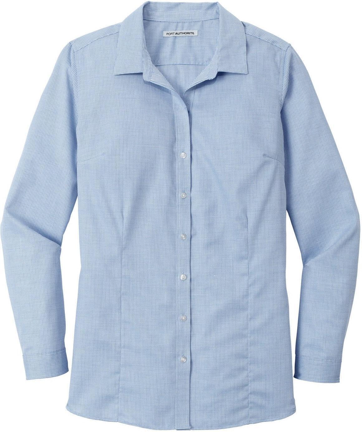 No-Logo CLOSEOUT - Port Authority Ladies Pincheck Easy Care Shirt-Dress Shirts-Port Authority-Blue Horizon/White-S-Thread Logic