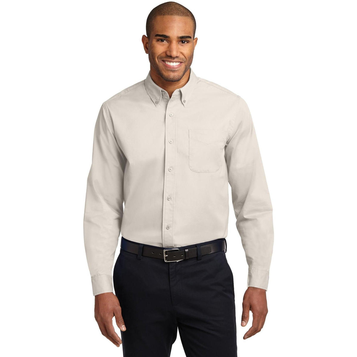 no-logo Port Authority Long Sleeve Easy Care Dress Shirt-Dress Shirts-Port Authority-Light Stone/Classic Navy-S-Thread Logic