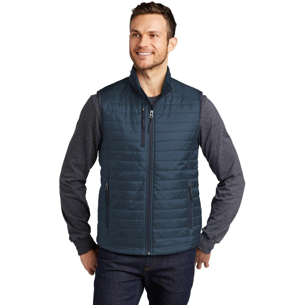 logo-left Port Authority Packable Puffy Vest-Regular-Port Authority-Regatta Blue/River Blue Navy-S-Thread Logic