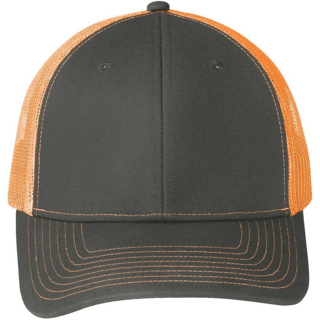 no-logo Port Authority Snapback Trucker Cap-Headwear-Port Authority-Grey Steel/Neon Orange-OSFA-Thread Logic