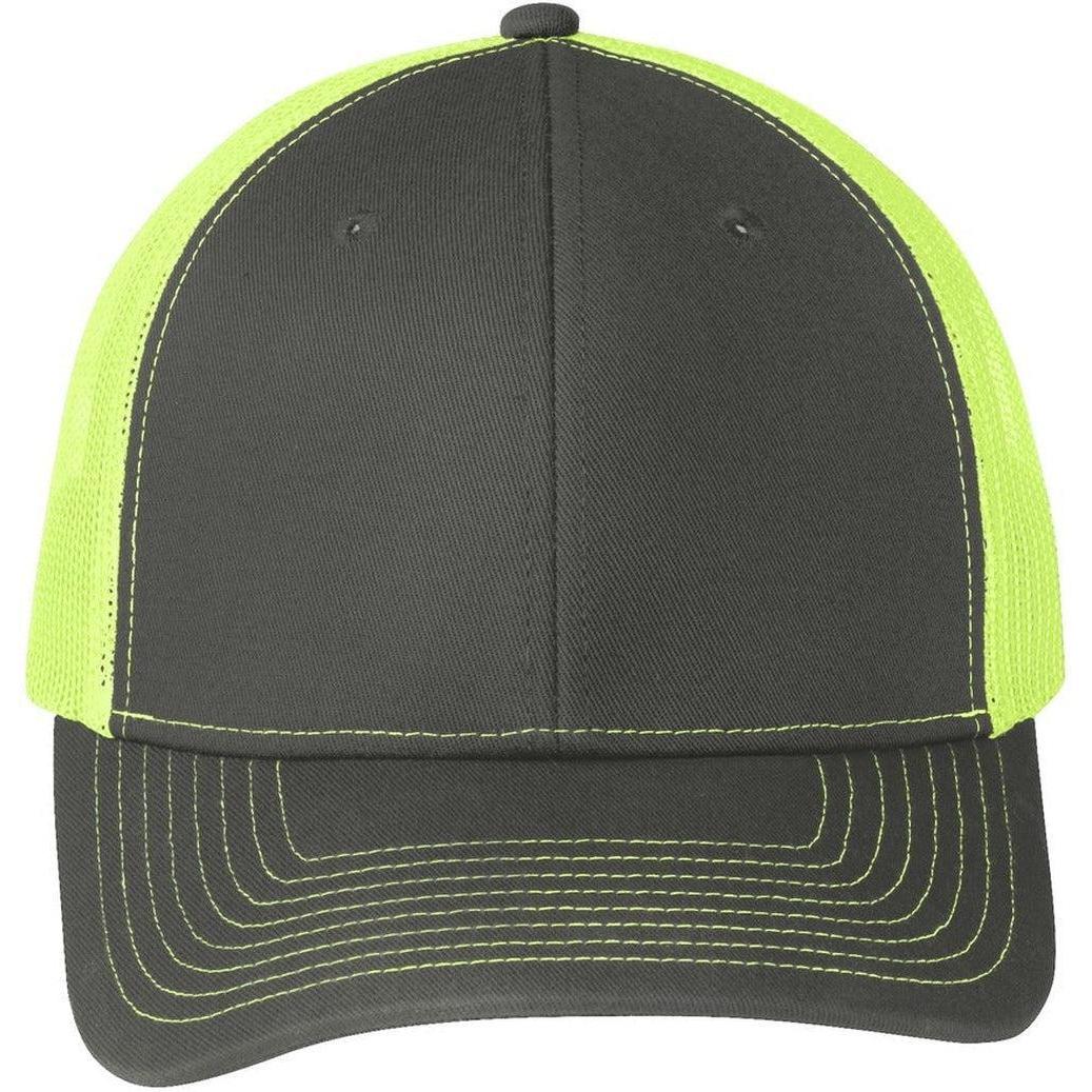 no-logo Port Authority Snapback Trucker Cap-Headwear-Port Authority-Grey Steel/Neon Yellow-OSFA-Thread Logic